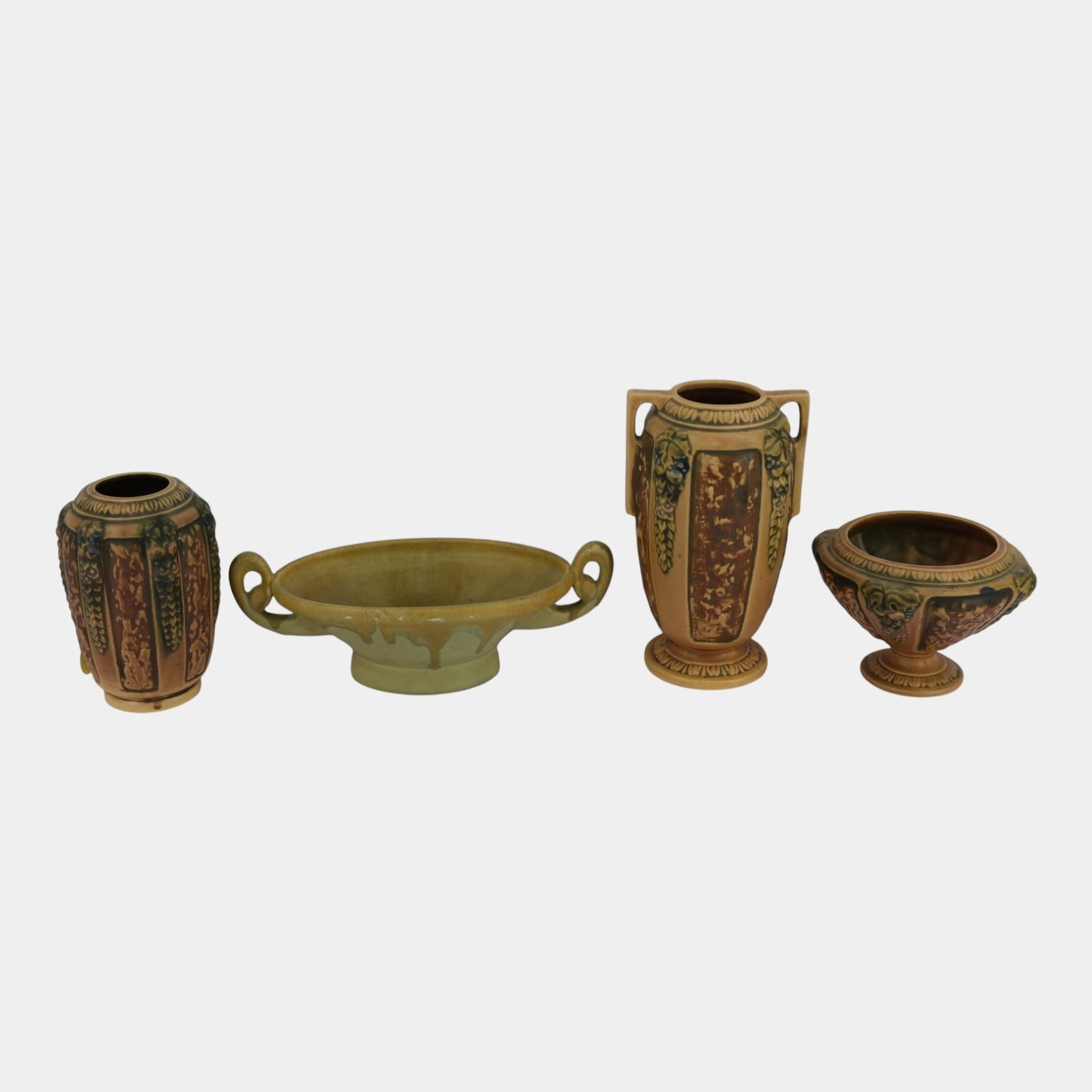 Roseville Florentine I 1924 Brown Arts And Crafts Vases With Carnelian Green Double Handled Bowl: Professional, fast, and affordable in house shipping available for all items. For higher resolution images please visit bid.craftedauctions.com Roseville Florentine I 1924 Brown Arts And Crafts Vases 