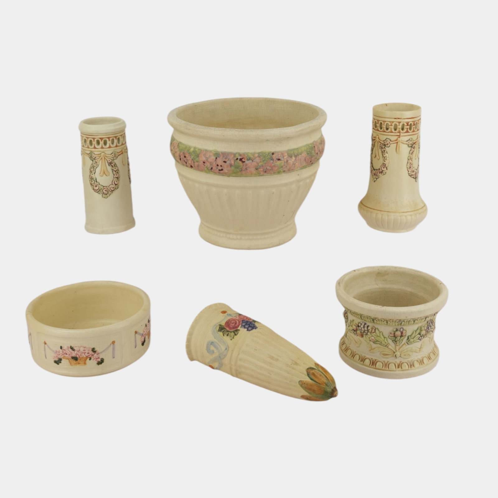 Weller Art Pottery 1920s Ivory Roma Floral Decorated Creamware Vases Wall Pocket Planters: Professional, fast, and affordable in house shipping available for all items. For higher resolution images please visit bid.craftedauctions.com Weller Art Pottery 1920s Ivory Roma Floral Decorated Cre