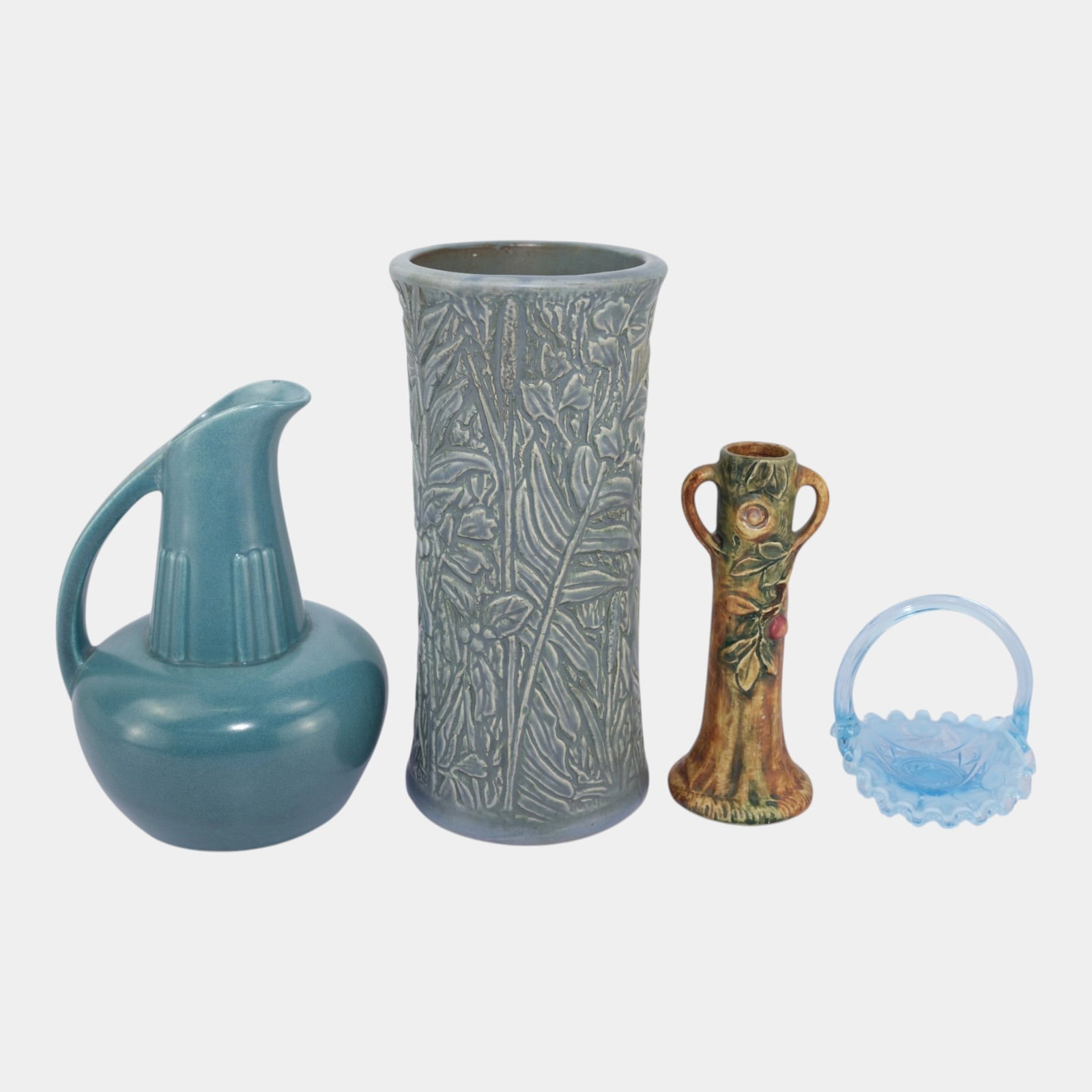 Weller Red Wing Art Pottery Vases And Pitcher With Ice Blue Glass Ruffle Rim Basket: Professional, fast, and affordable in house shipping available for all items. For higher resolution images please visit bid.craftedauctions.com Weller Red Wing Art Pottery Vases And Pitcher With Ice B