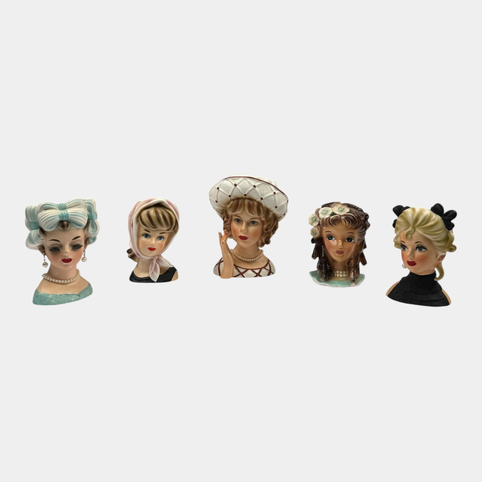 Relpo & Enesco Mid Century Modern Japanese Ceramic Women Head Vases: Professional, fast, and affordable in house shipping available for all items. For higher resolution images please visit bid.craftedauctions.com Relpo & Enesco Mid Century Modern Japanese Ceramic Women