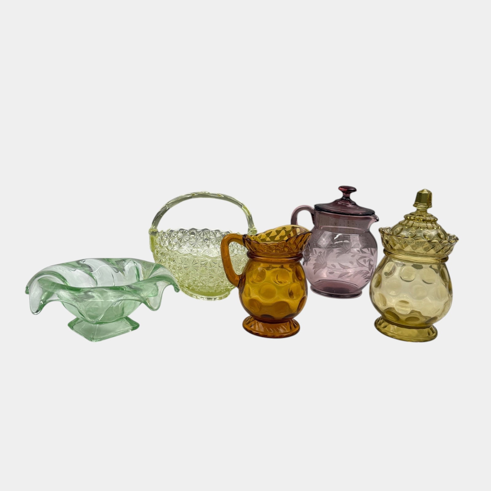 Fenton Green Daisy & Button Basket, EAGP Lattice Thumbprint Jar & Pitcher, Bagley Art Deco Green: Professional, fast, and affordable in house shipping available for all items. For higher resolution images please visit bid.craftedauctions.com Fenton Green Daisy & Button Basket, EAGP Lattice Thumbpr