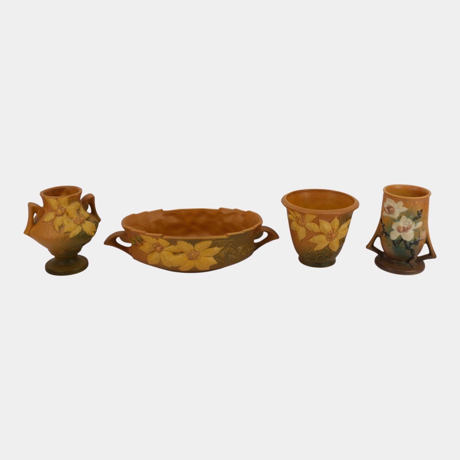 Roseville Mid Century Modern Art Pottery Brown Clematis Bowl, Flower Pot, & Vase With Brown Magnolia (1 of 3)