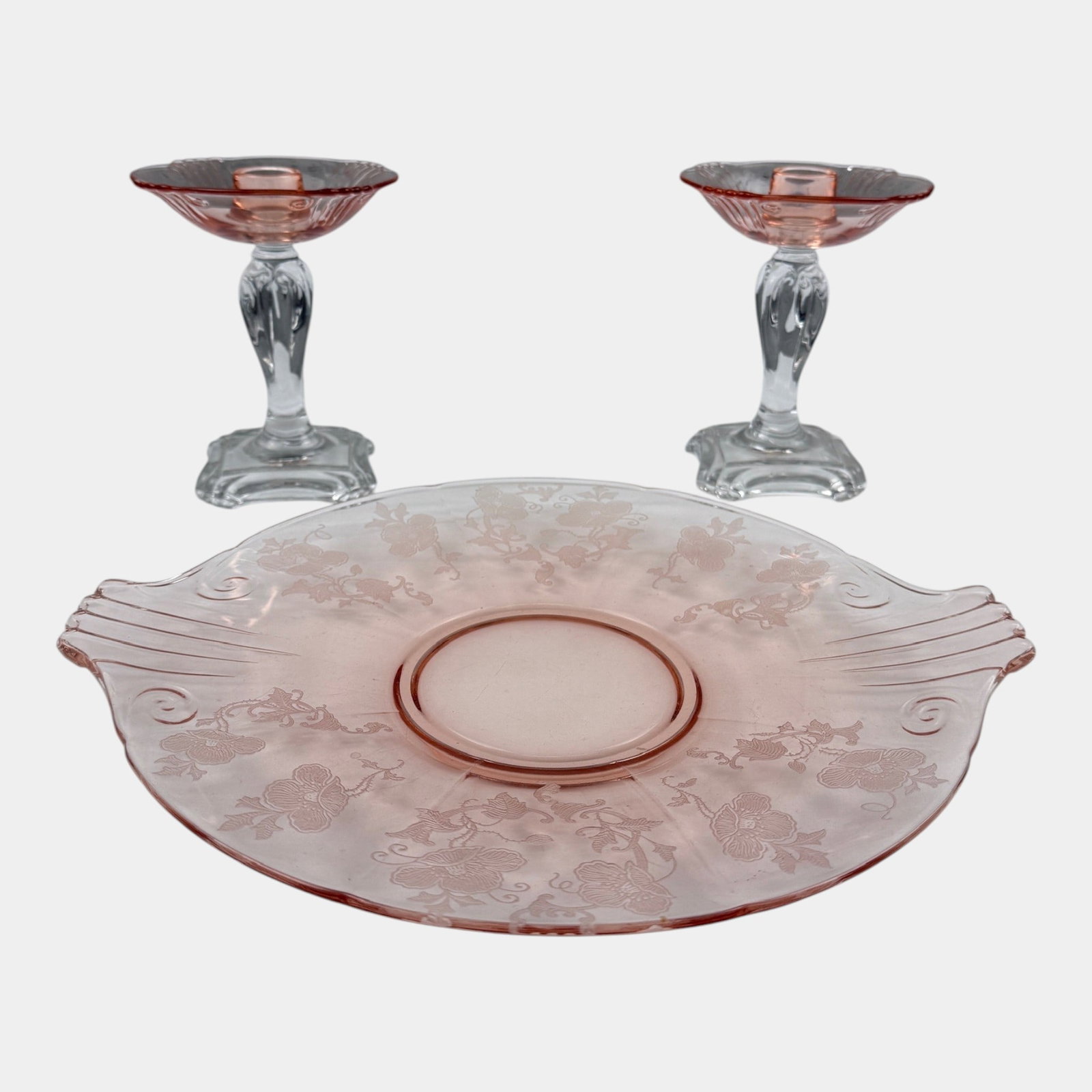 Fostoria Glass Co 1930s Pink Bowl Candle Holders & Cambridge 1930s Pink Etched Apple Blossom Handled: Professional, fast, and affordable in house shipping available for all items. For higher resolution images please visit bid.craftedauctions.com Fostoria Glass Co 1930s Pink Bowl Candle Holders & Cambr