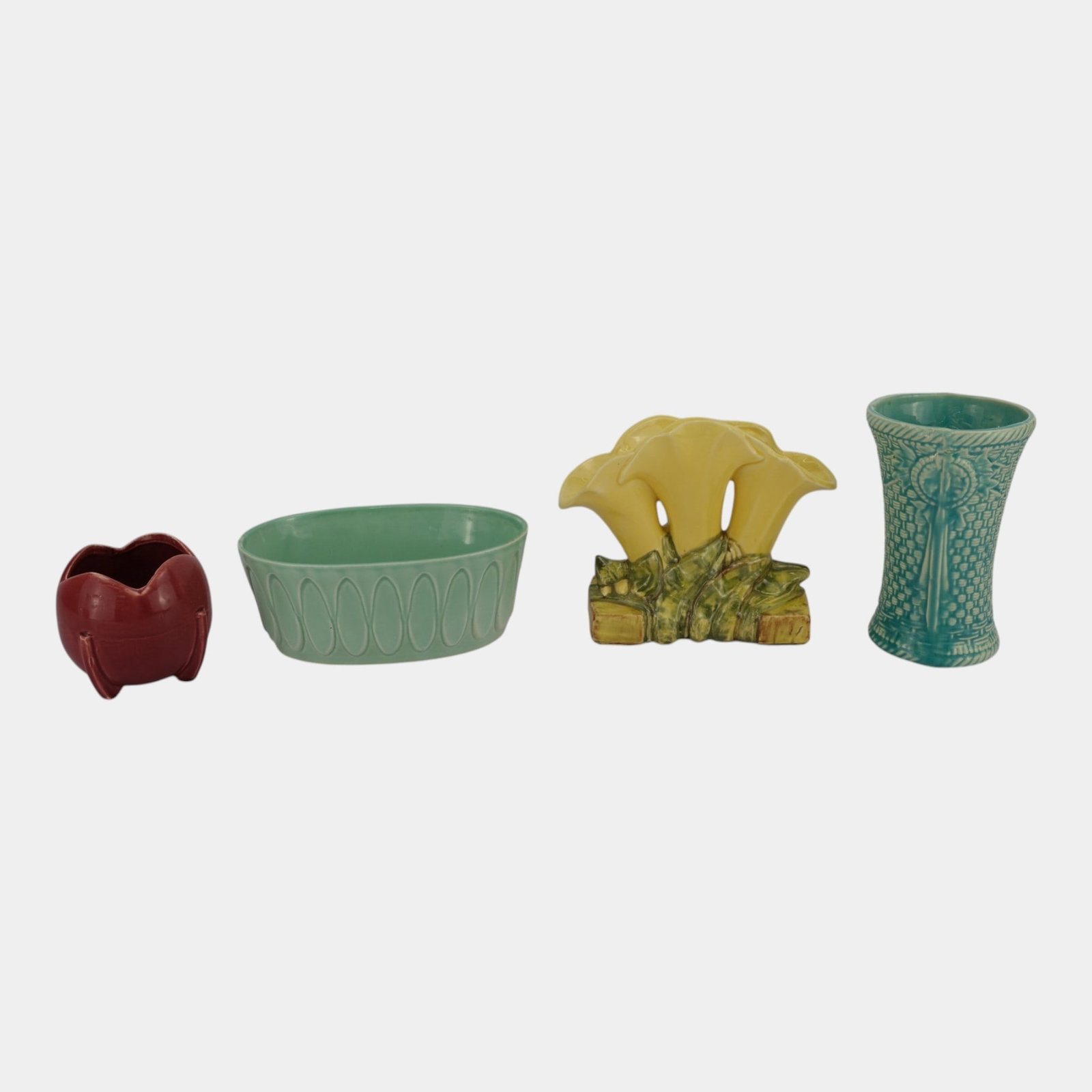 McCoy Red Floral Planter, Trumpet Flower Planter, & Green Basketweave Vase With Red Wing Matte Green: Professional, fast, and affordable in house shipping available for all items. For higher resolution images please visit bid.craftedauctions.com McCoy Red Floral Planter, Trumpet Flower Planter, & Gree