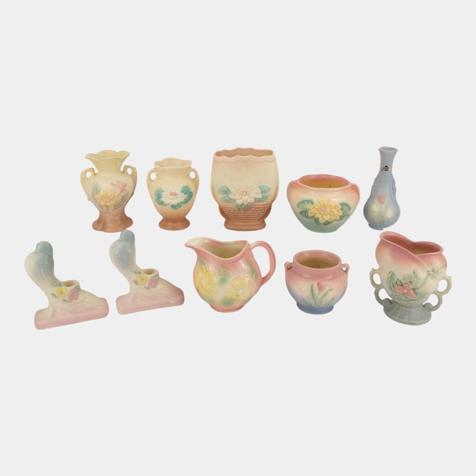 Hull Art Pottery Mid Century Yellow Pink Blue Water Lily, Wildflower, & Sunglow Vases And Pitcher (1 of 3)