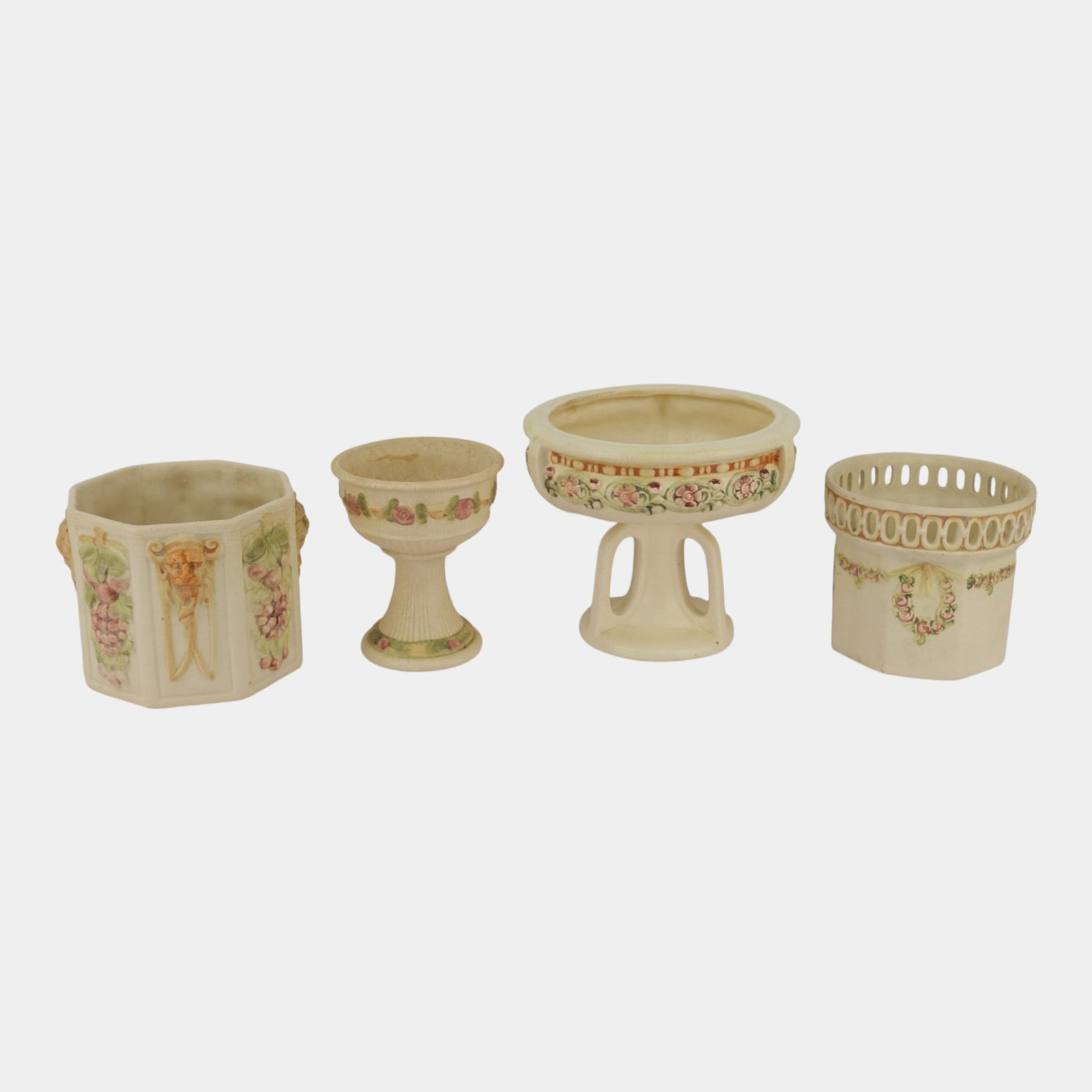 Weller Roma 1910s-1920s Art Pottery Floral Decorated Creamware Planters: Professional, fast, and affordable in house shipping available for all items. For higher resolution images please visit bid.craftedauctions.com Weller Roma 1910s-1920s Art Pottery Floral Decorated Cre