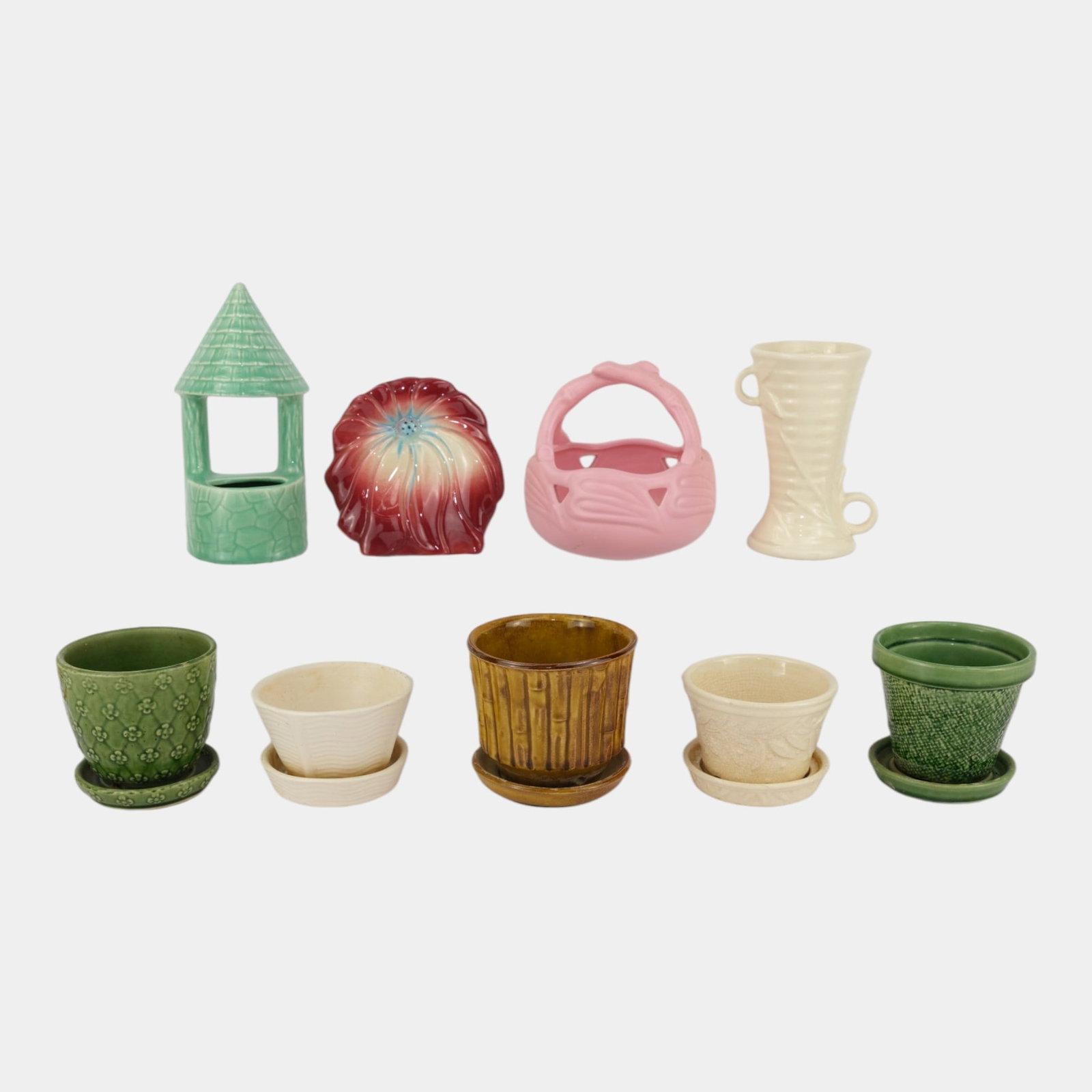McCoy, Morton, Shawnee, & Brush Mid Century Art Pottery Figural Flower Pots, Planters, And Wall: Professional, fast, and affordable in house shipping available for all items. For higher resolution images please visit bid.craftedauctions.com McCoy, Morton, Shawnee, & Brush Mid Century Art Pottery 