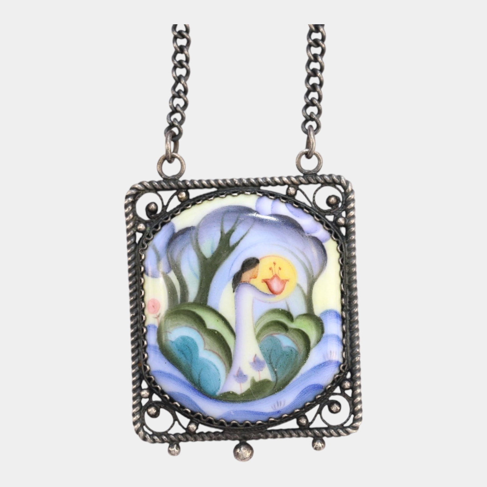 Sterling Silver Hand Painted Porcelain Floral Scenic Pendant Necklace Art Nouveau Style: Professional, fast, and affordable in house shipping available for all items. For higher resolution images please visit bid.craftedauctions.com Excellent condition. Age related wear. Pendant is Tested