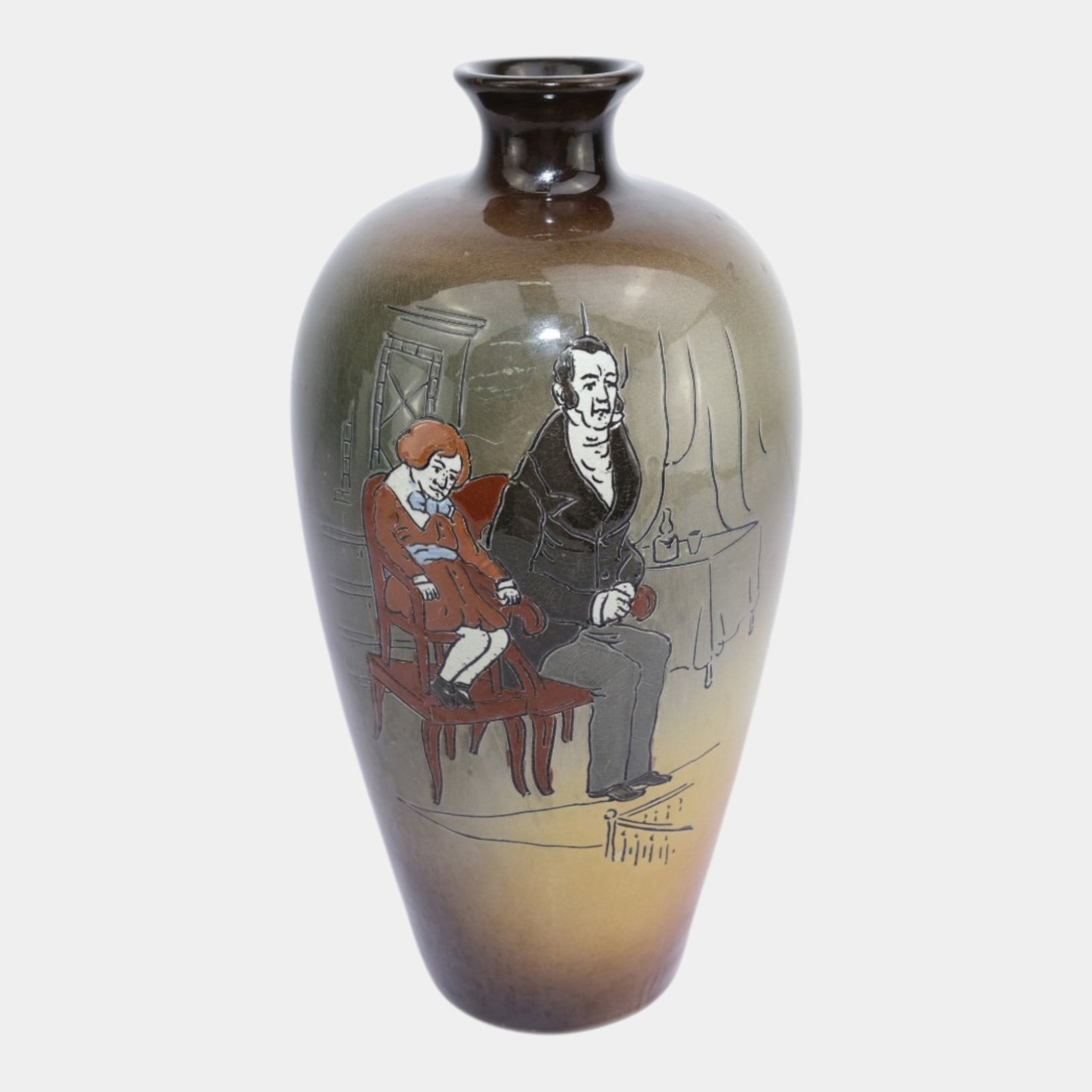 Weller Dickensware 1900s Vintage Art Pottery "Domberg And Son" Ceramic Vase: Professional, fast, and affordable in house shipping available for all items. For higher resolution images please visit bid.craftedauctions.com Weller Dickensware 1900s Vintage Art Pottery "Domberg An