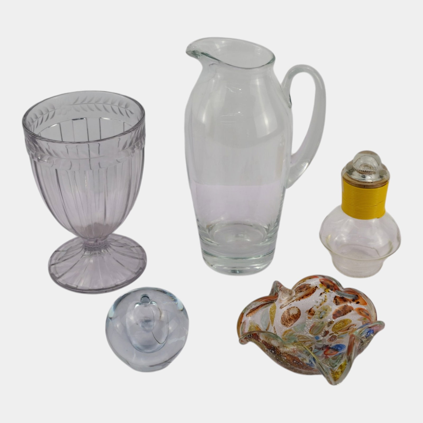 Vintage Art Glass Group Lavender Goblet Murano Style Bowl Pitcher & Paperweight: Professional, fast, and affordable in house shipping available for all items. For higher resolution images please visit bid.craftedauctions.com Vintage Art Glass Group Lavender Goblet Murano Style Bow