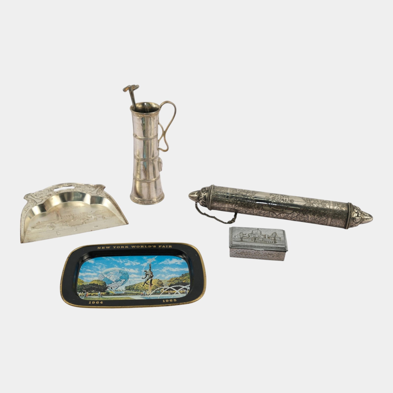 Chicago & New York Worldâ€™s Fair Tray Letter Holder Golf Vase & Other Metalware Grouping (1 of 3)