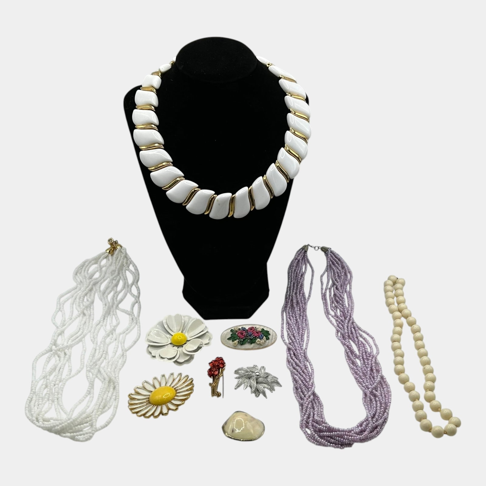 Costume Jewelry Collection Including Beaded Necklaces, Flower Brooches, And Earrings (1 of 3)