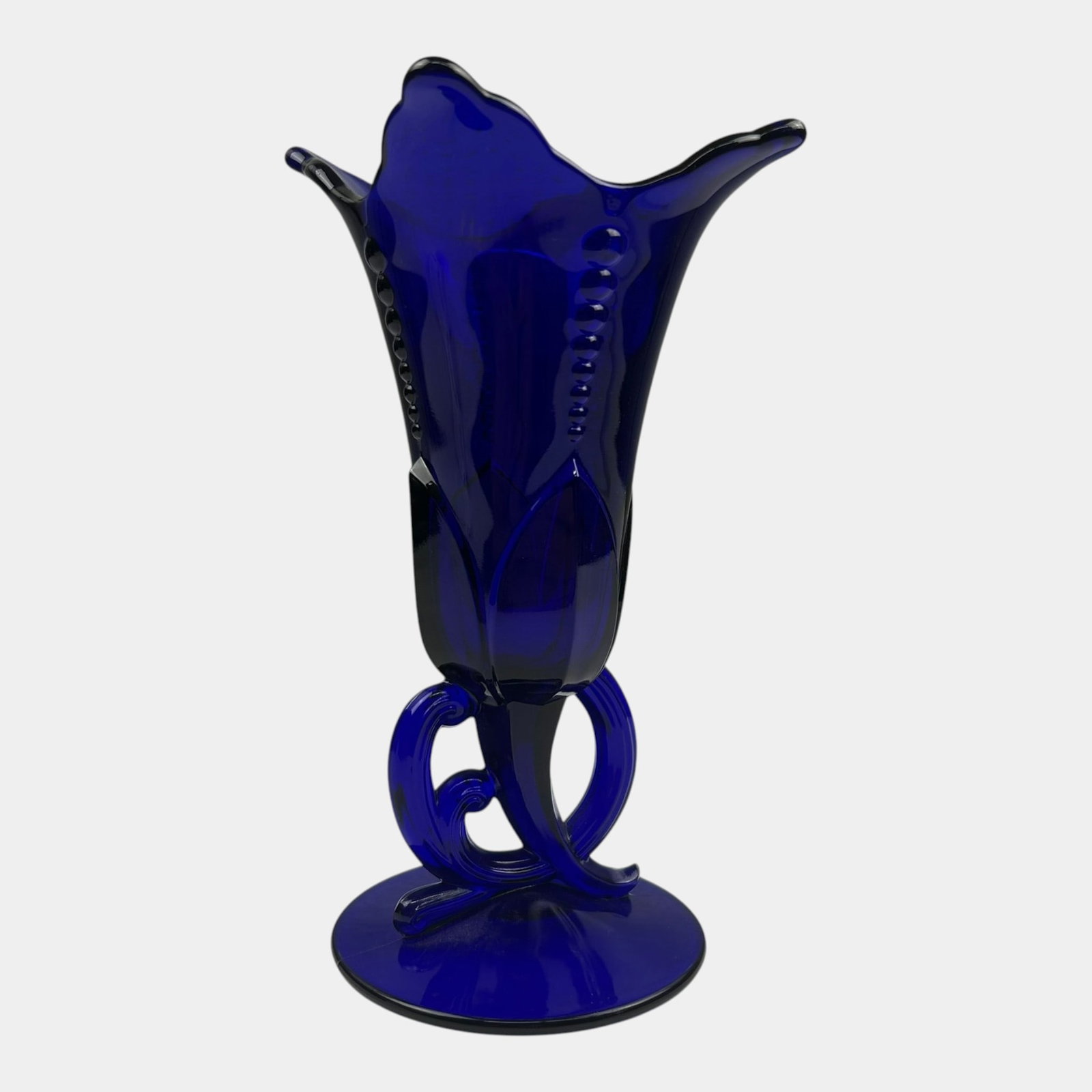 A.H. Heisey Co. 1933 Cobalt Blue Art Deco Tulip And Leaf Footed Vase #1420 (1 of 6)