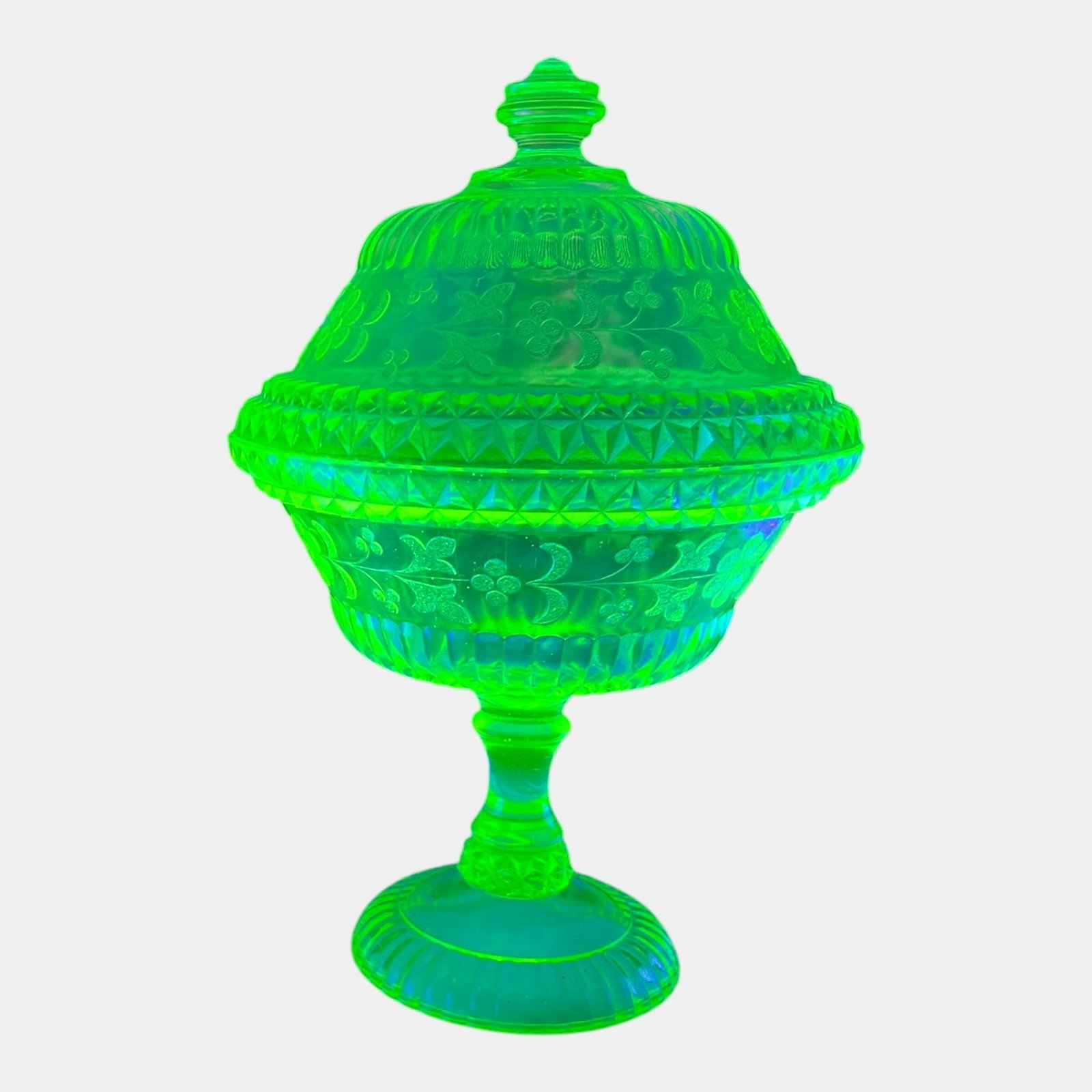 Adams & Co. EAPG Green Glass Large Pedestal "Wildflower" Uranium Glass Covered Candy Dish: Professional, fast, and affordable in house shipping available for all items. For higher resolution images please visit bid.craftedauctions.com Adams & Co. EAPG Green Glass Large Pedestal "Wildflower"