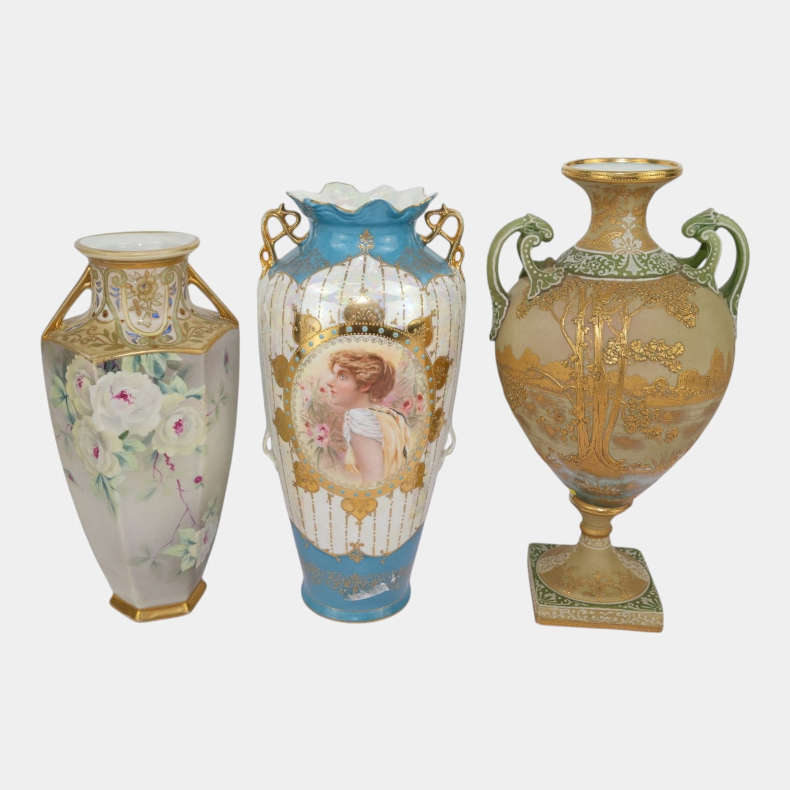 Morimura Brothers Japanese Early 20th Century Hand Painted Gold Gilt Vases With Blue White Gold Gild: Professional, fast, and affordable in house shipping available for all items. For higher resolution images please visit bid.craftedauctions.com Morimura Brothers Japanese Early 20th Century Hand Paint