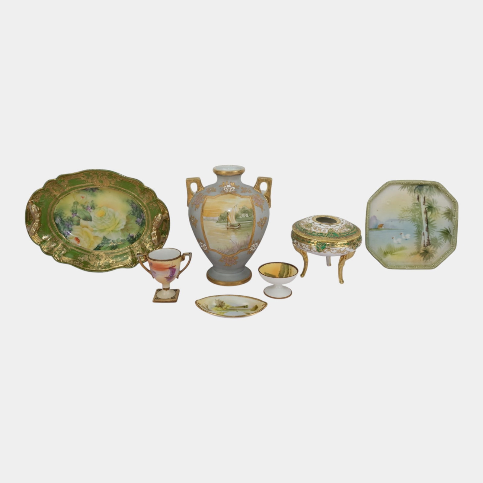 Morimura Brothers Japanese Early 20th Century Scenic Panel Gold Gild Accented Vases, Bowls, & Plates: Professional, fast, and affordable in house shipping available for all items. For higher resolution images please visit bid.craftedauctions.com Morimura Brothers Japanese Early 20th Century Scenic Pan