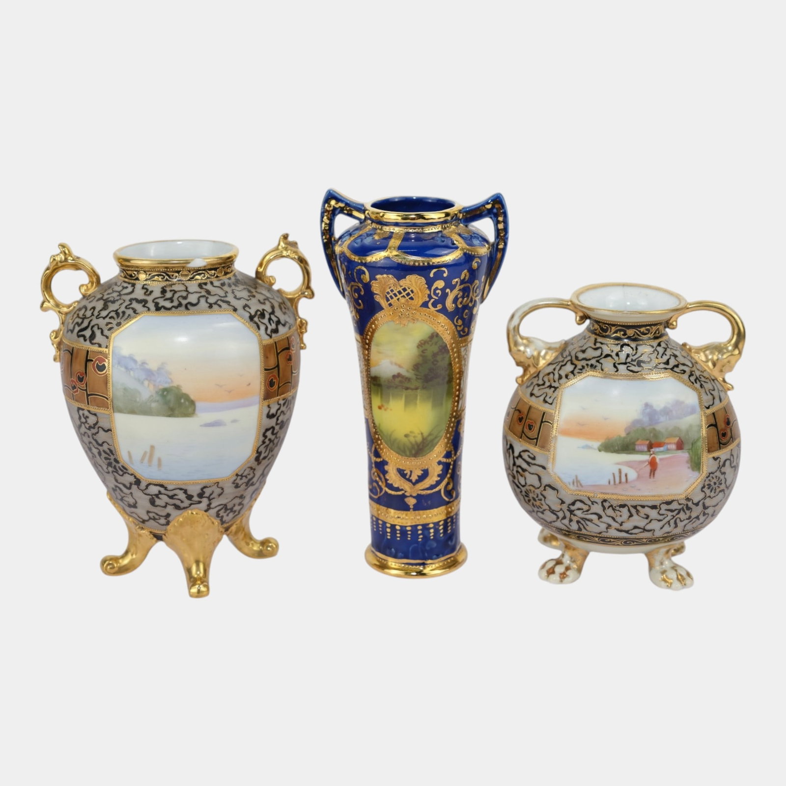 Morimura Brothers Japanese Early 20th Century Scenic Panel Vases With Cobalt Blue Gold Gild Scenic: Professional, fast, and affordable in house shipping available for all items. For higher resolution images please visit bid.craftedauctions.com Morimura Brothers Japanese Early 20th Century Scenic Pan