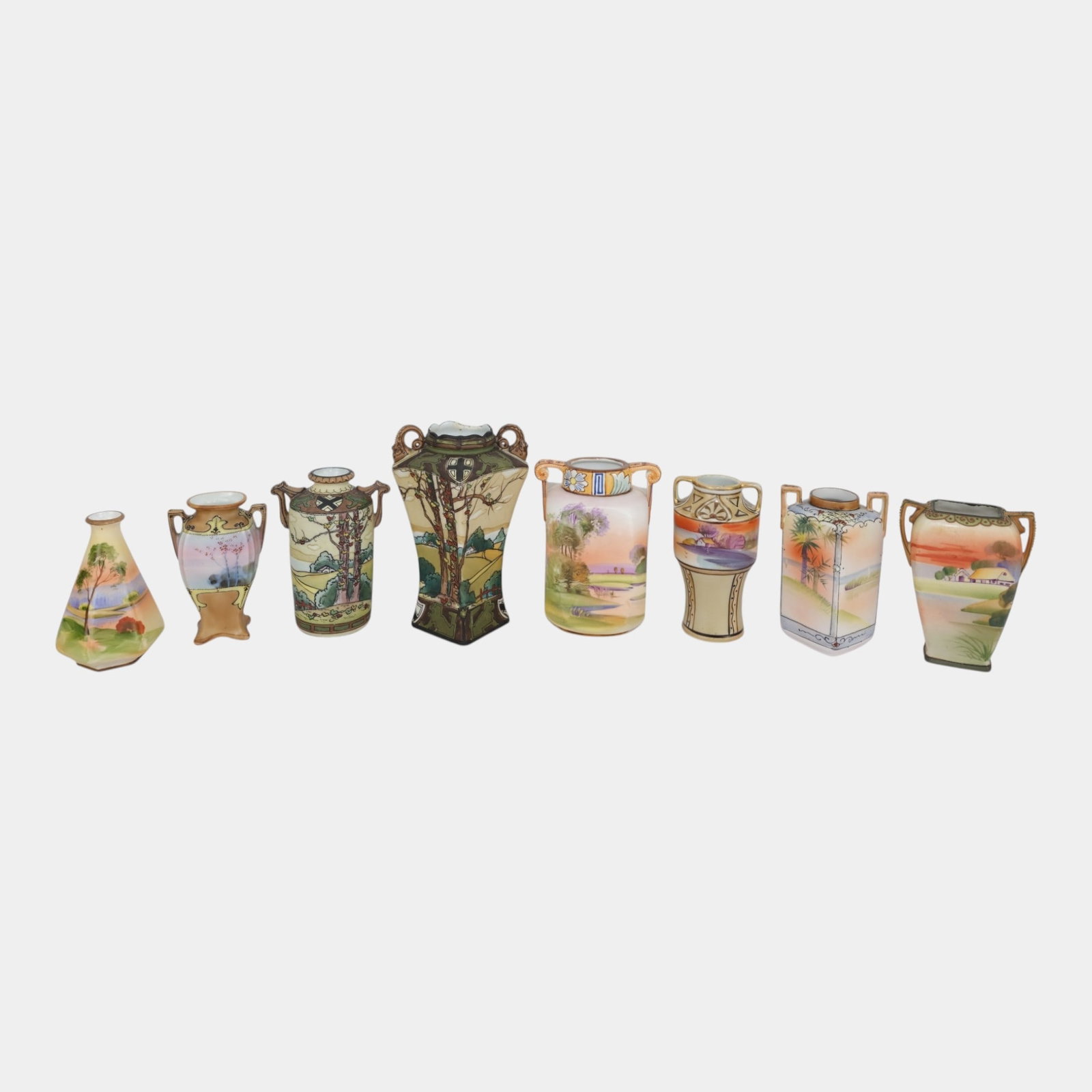 Morimura Brothers Japanese Early 20th Century Hand Painted Scenic Vases With Gold Gilt & Moriage: Professional, fast, and affordable in house shipping available for all items. For higher resolution images please visit bid.craftedauctions.com Morimura Brothers Japanese Early 20th Century Hand Paint