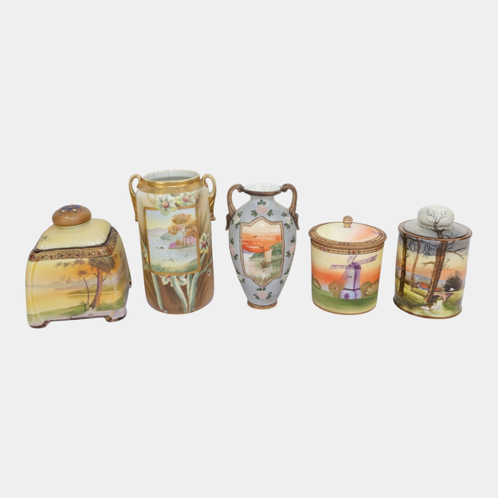 Morimura Brothers Japanese Early 20th Century Scenic Panel & Gold Gilt Accented Vases And Lidded: Professional, fast, and affordable in house shipping available for all items. For higher resolution images please visit bid.craftedauctions.com Morimura Brothers Japanese Early 20th Century Scenic Pan