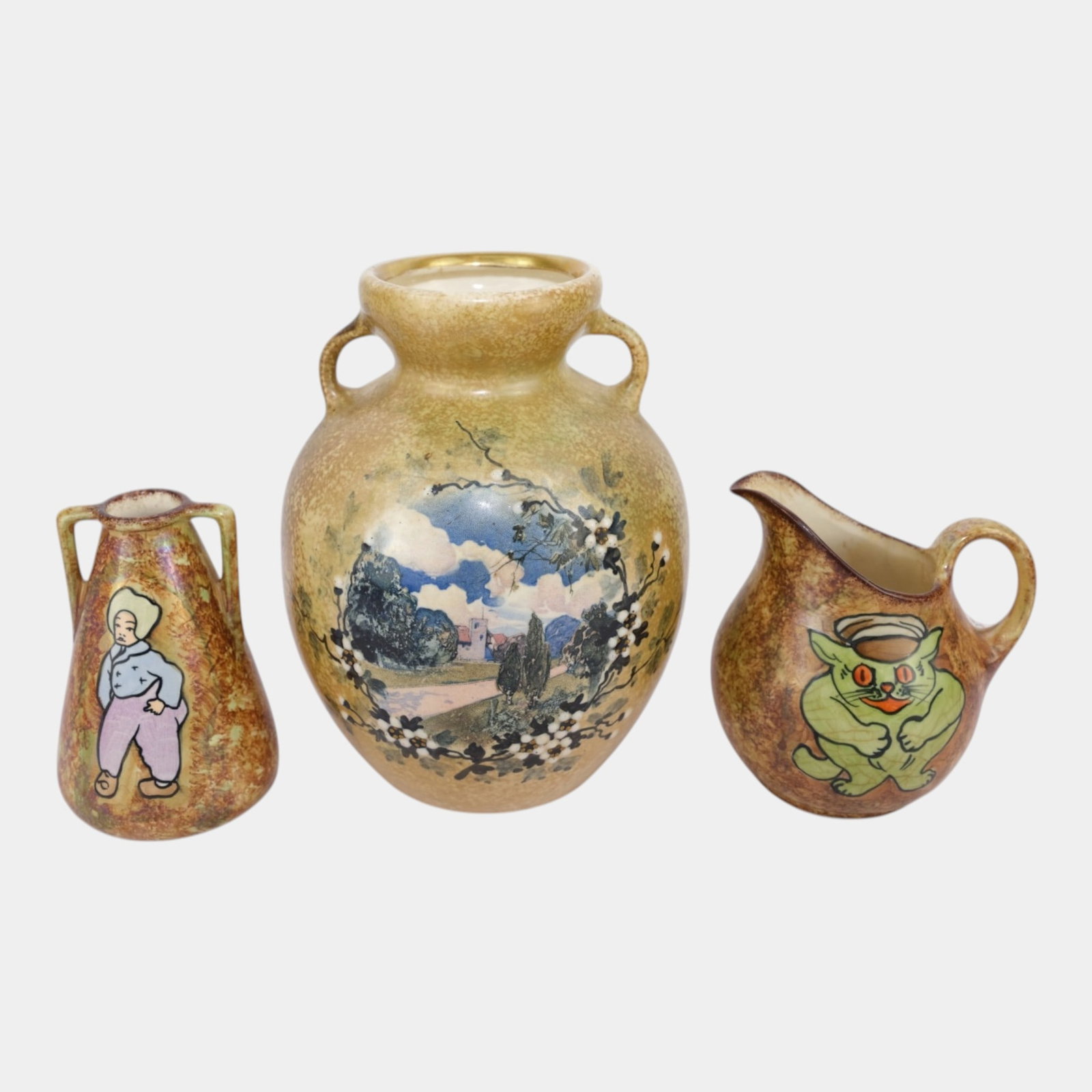 Stellmacher Teplitz Early 20th Century Austrian Art Pottery Scenic Decorated Handled Vases And: Professional, fast, and affordable in house shipping available for all items. For higher resolution images please visit bid.craftedauctions.com Stellmacher Teplitz Early 20th Century Austrian Art Pott