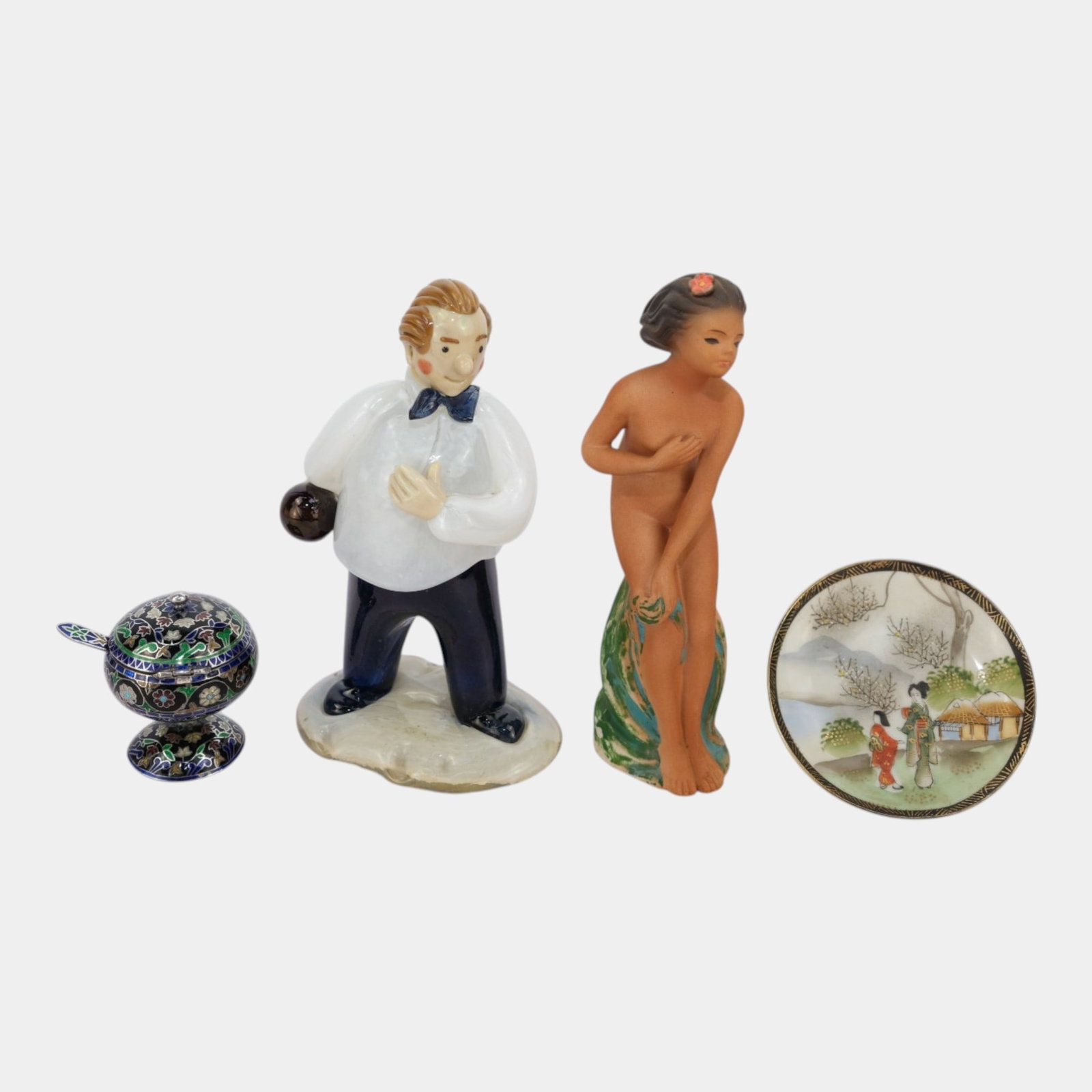 20th Century Made In Occupied Japan Scenic Plate & Figurine With Czech Glass Bowler Figurine & Meena: Professional, fast, and affordable in house shipping available for all items. For higher resolution images please visit bid.craftedauctions.com 20th Century Made In Occupied Japan Scenic Plate & Figur