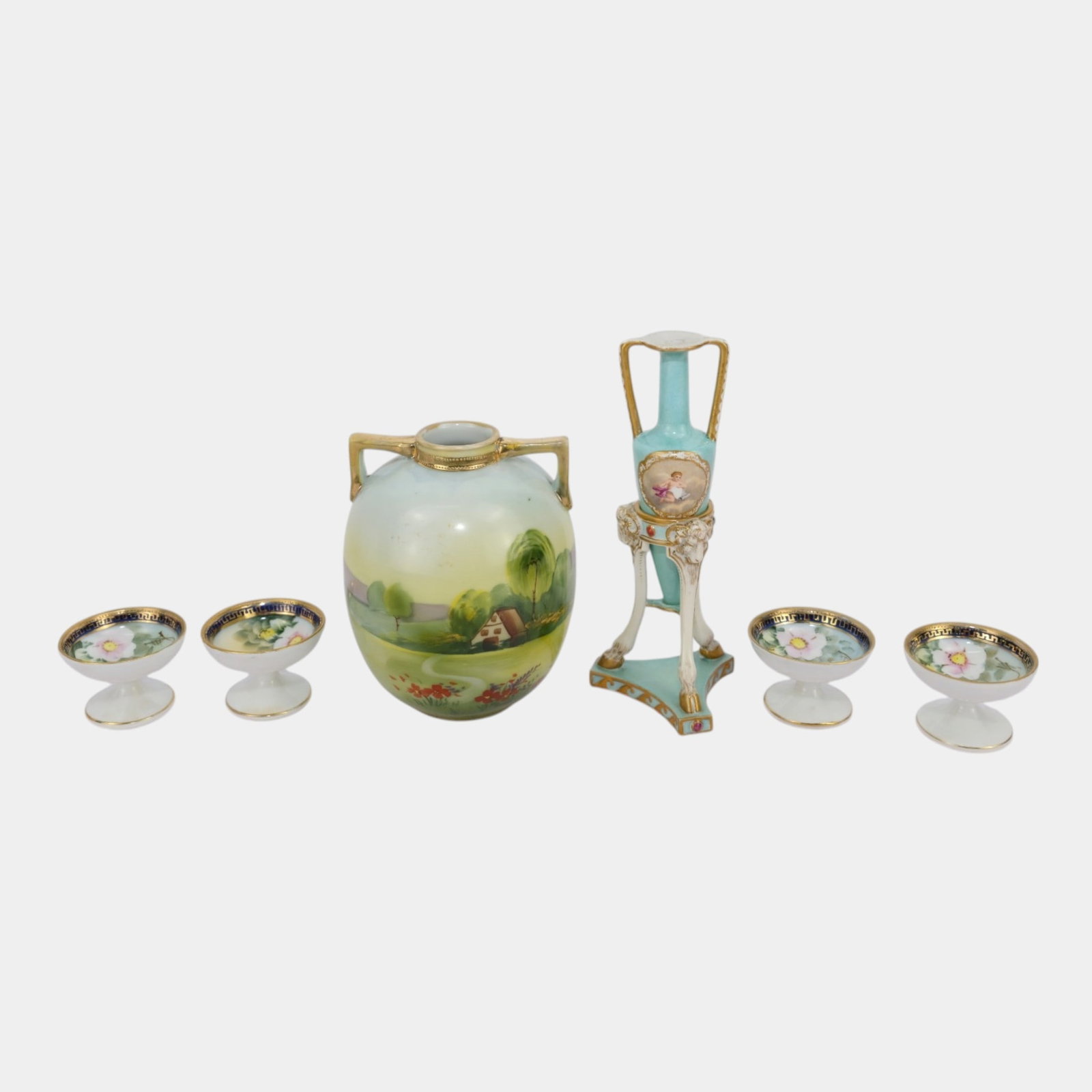 European Early 20th Century Porcelain Gold Gilt Accented Hand Painted Vase & Open Salts With Nippon: Professional, fast, and affordable in house shipping available for all items. For higher resolution images please visit bid.craftedauctions.com European Early 20th Century Porcelain Gold Gilt Accented