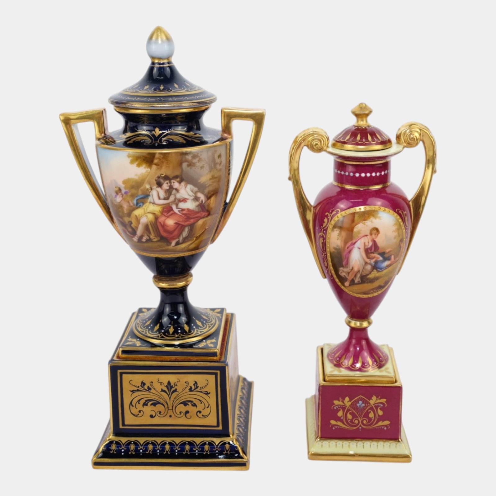 Royal Vienna Austrian Early 20th Century Gold Gilt Hand Painted Porcelain Pedestal Lidded Urn Vases: Professional, fast, and affordable in house shipping available for all items. For higher resolution images please visit bid.craftedauctions.com Royal Vienna Austrian Early 20th Century Gold Gilt Hand 