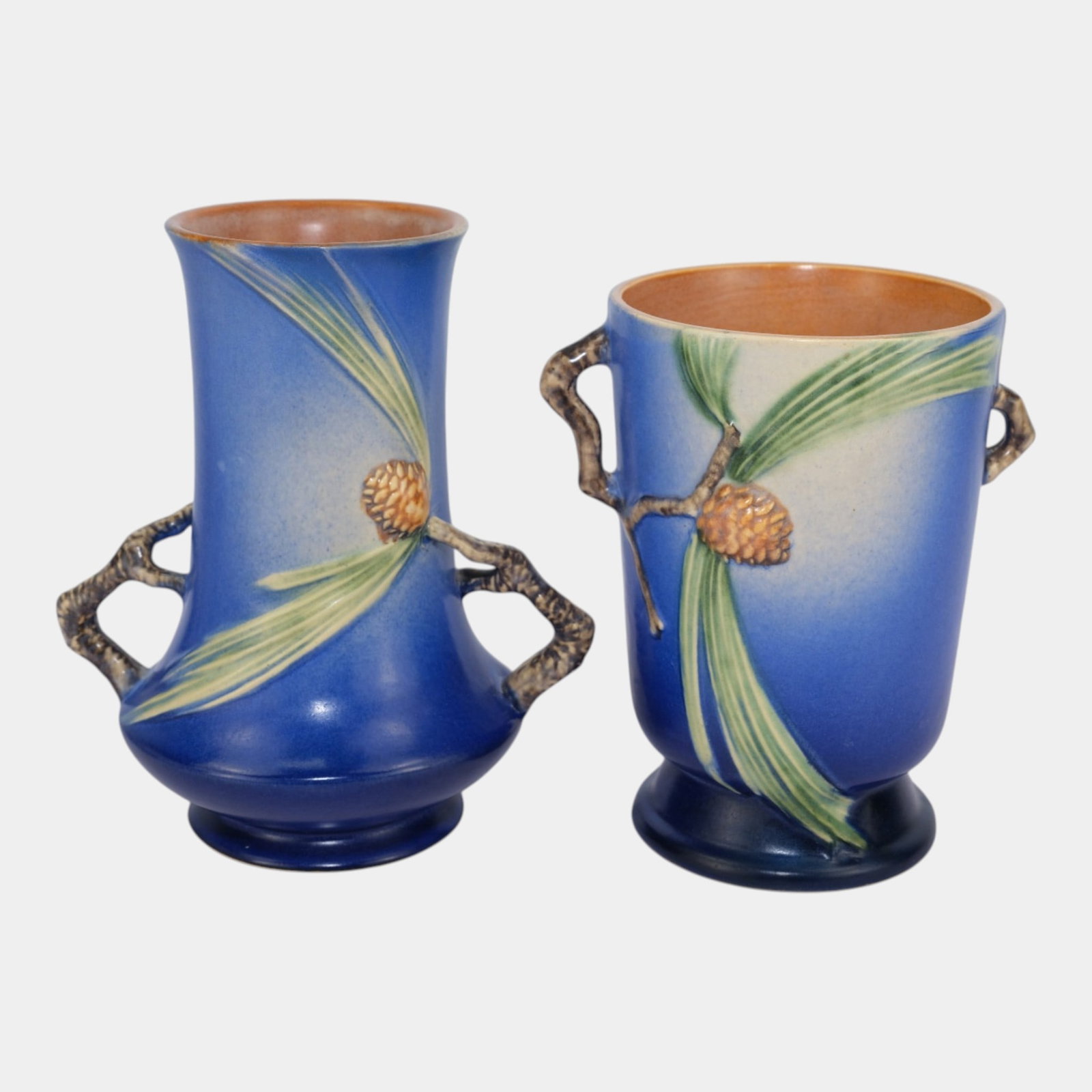 Roseville Blue Pine Cone Vintage Mid Century Art Pottery Twig Handle Vases 704-7 842-8 (1 of 6)