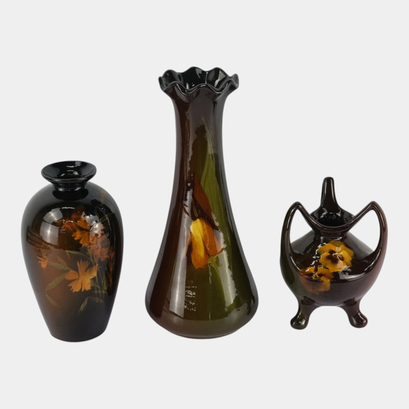 Weller Louwesla & Roseville Rozane Standard Glaze Hand Painted Floral Design Vases: Professional, fast, and affordable in house shipping available for all items. For higher resolution images please visit bid.craftedauctions.com Weller Louwesla & Roseville Rozane Standard Glaze Hand P