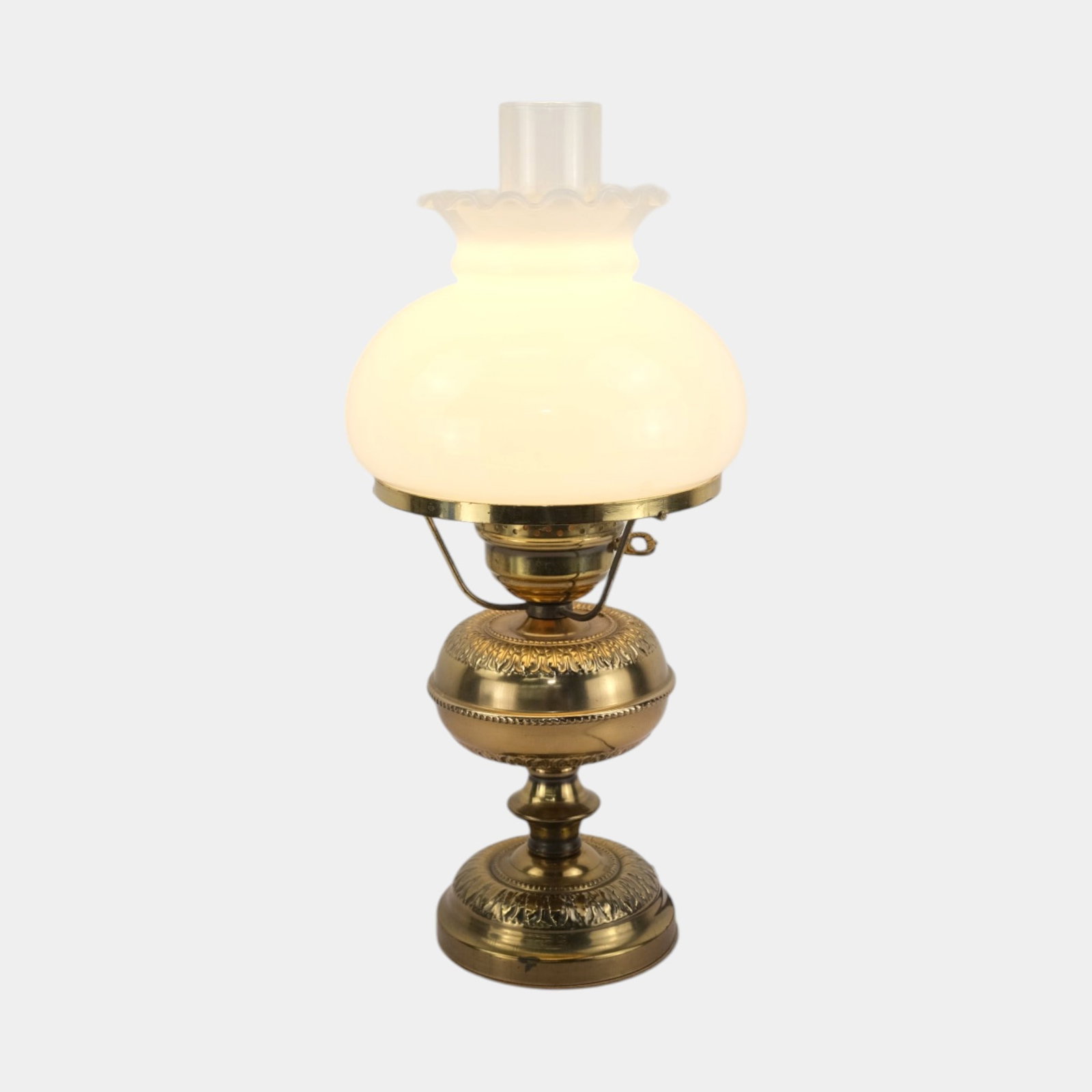 Brass Electrified Oil Lamp With Milk Glass Shade Ornate Kerosene Style Lighting Fixture (1 of 7)