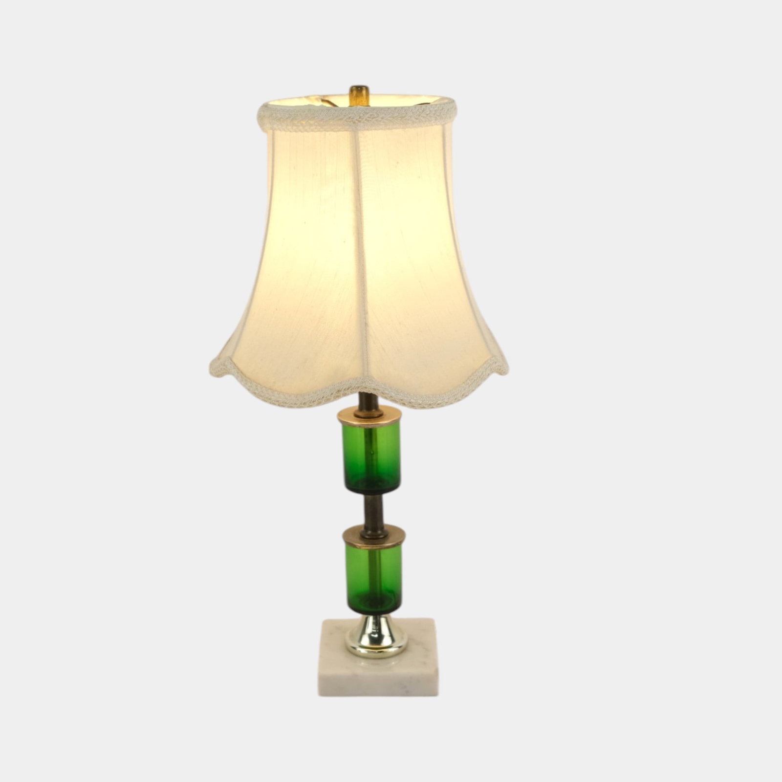Mid Century Modern Green Glass & Marble Table Lamp With Brass Accents And Fabric Shade: Professional, fast, and affordable in house shipping available for all items. For higher resolution images please visit bid.craftedauctions.com Mid Century Modern Green Glass & Marble Table Lamp With 