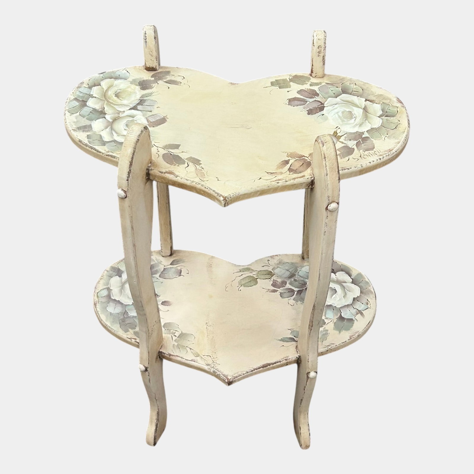 Vintage Hand Painted Floral Heart Shaped Two Tier Display Stand Cottage Chic Shelf Accent: Professional, fast, and affordable in house shipping available for all items. For higher resolution images please visit bid.craftedauctions.com Vintage Hand Painted Floral Heart Shaped Two Tier Displa