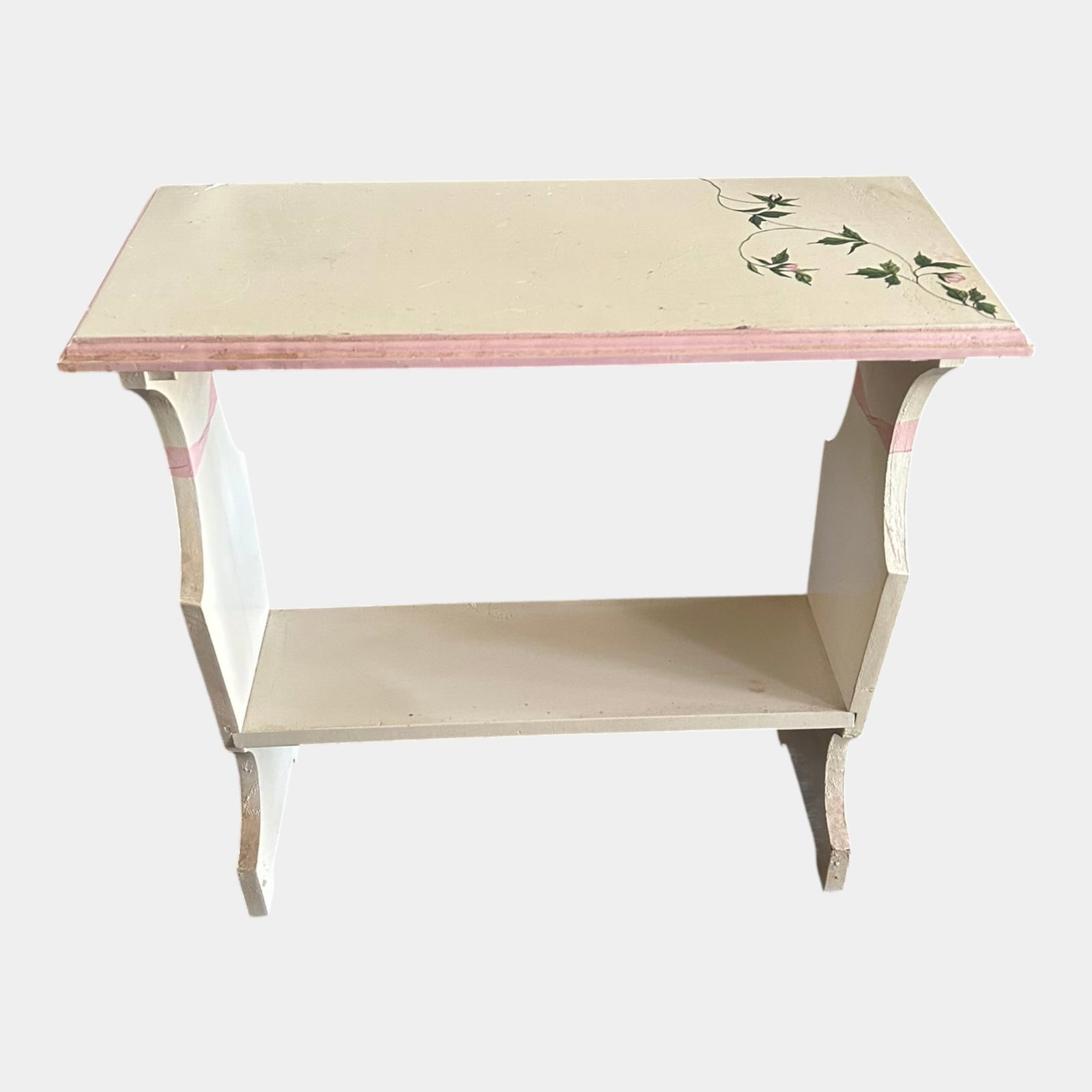 Mid Century Cottage Shabby Chic Hand Painted Floral One Shelf Side Table Magazine Rack Stand (1 of 4)
