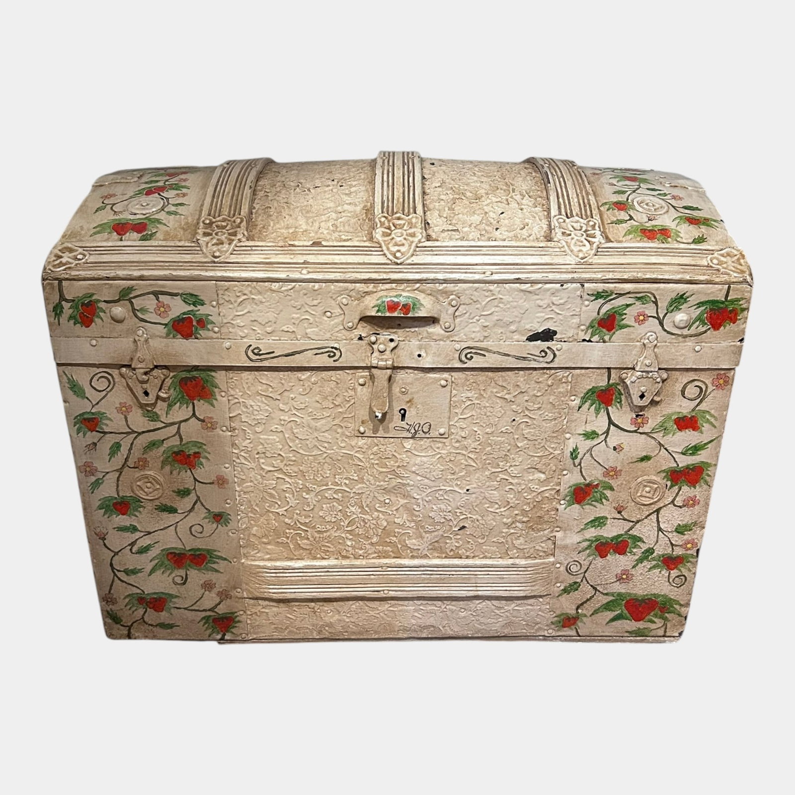 Early 20th Century Metal Dome Top Steamer Trunk Hand Painted Floral Storage Chest With Lock (1 of 5)
