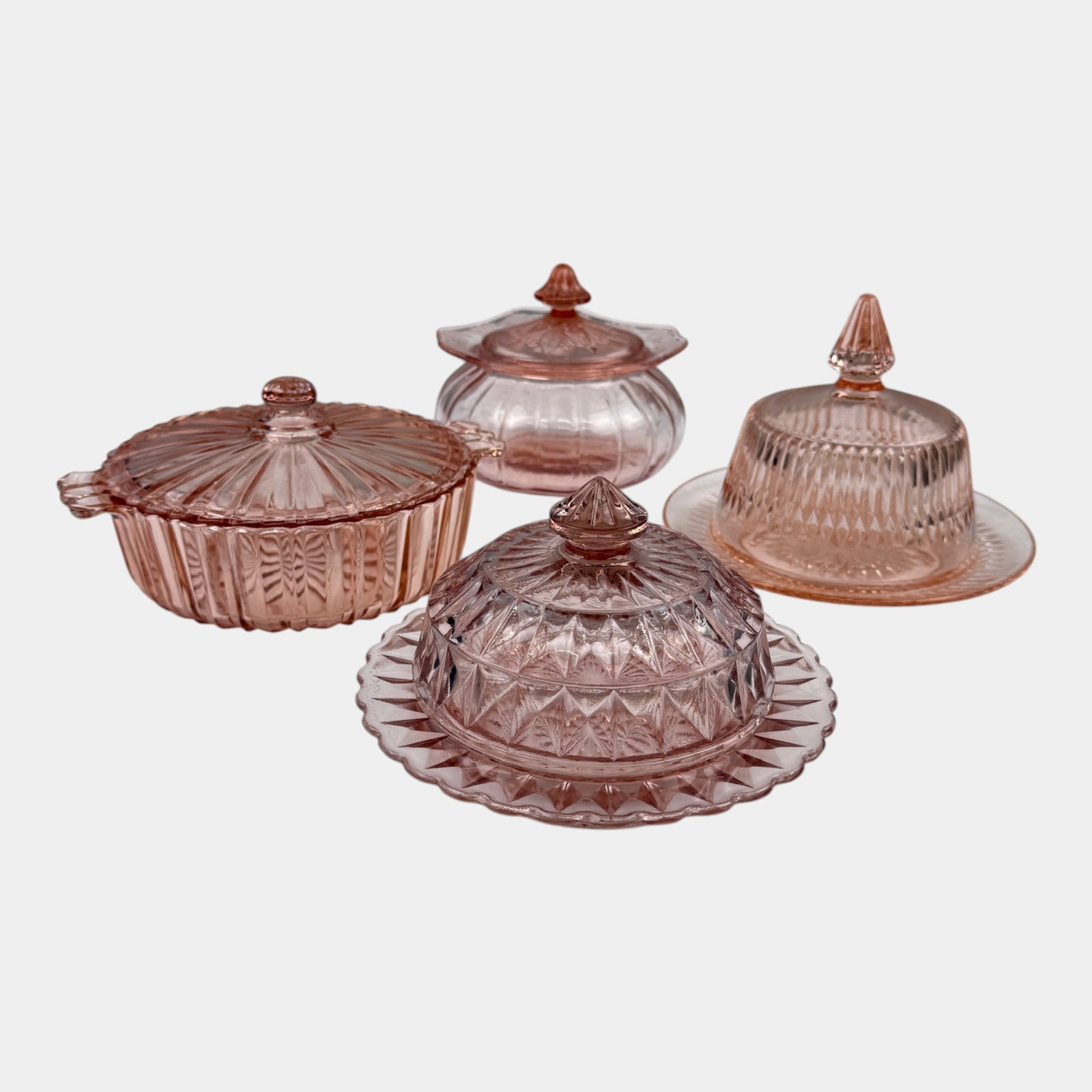 Jeannette Glass Pink Windsor Lidded Bowl and Butter Dish, Jeannette "Adam" Patter Candy Dish, &: Professional, fast, and affordable in house shipping available for all items. For higher resolution images please visit bid.craftedauctions.com Jeannette Glass Pink Windsor Lidded Bowl and Butter Dish