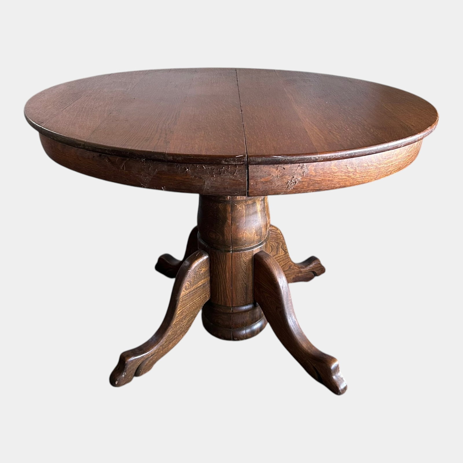 Early 20th Century Arts & Crafts Quarter Sawn Oak Round Pedestal Dining Table With Four Legs (1 of 4)