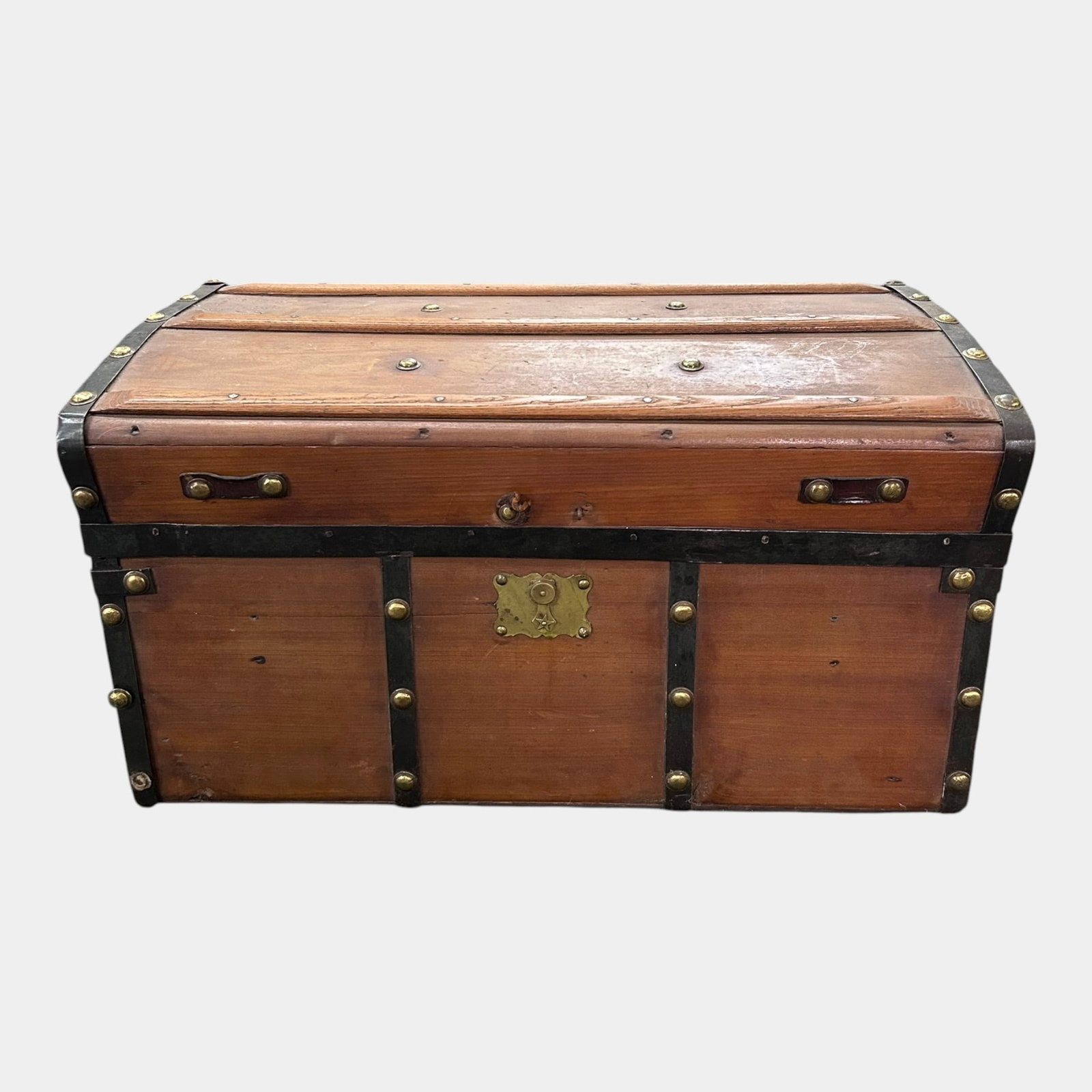 Antique Steamer Trunk With Dome Top Brass Hardware Leather Handles Storage Chest (1 of 7)
