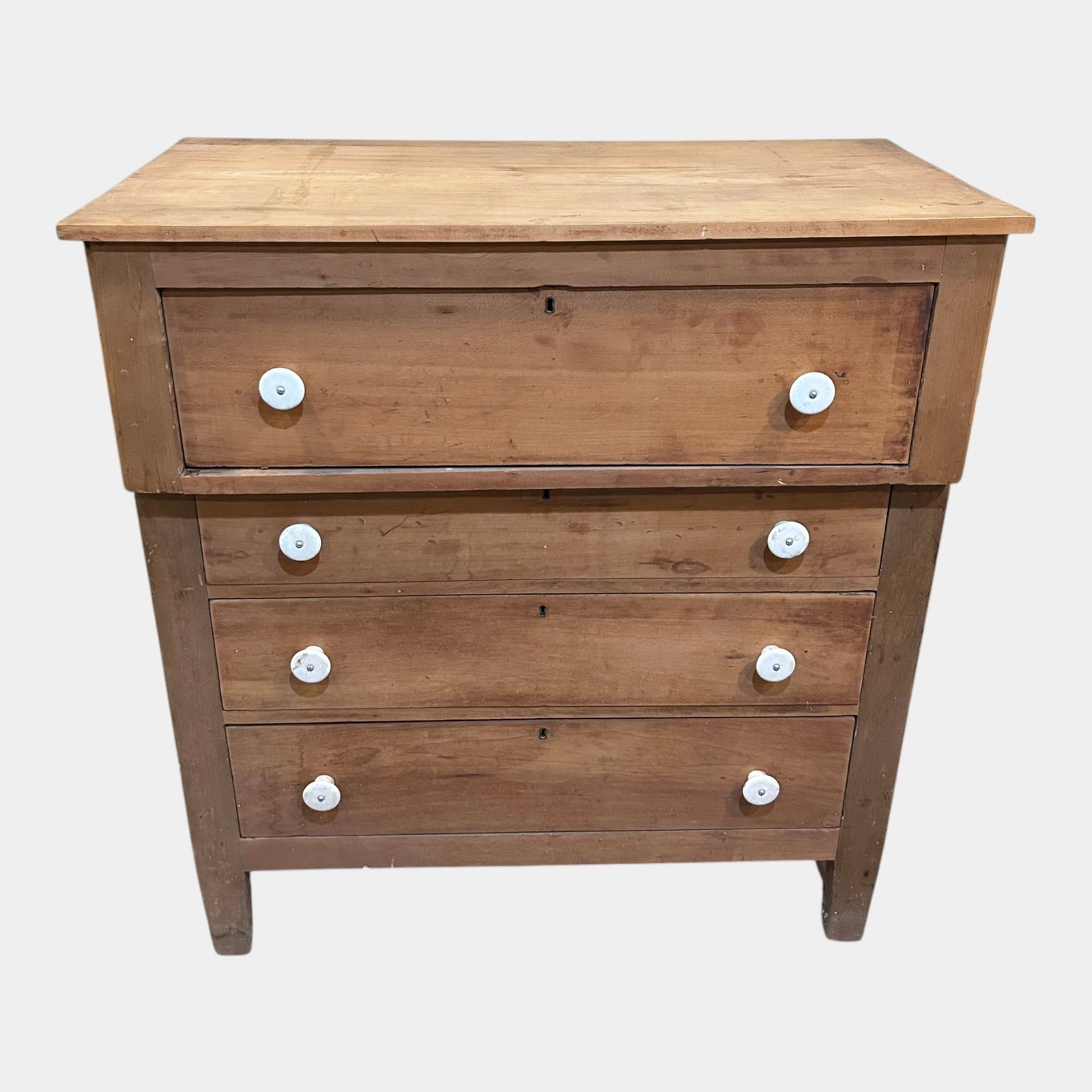 19th Century Country Primitive Maple Four Drawer Chest With White Porcelain Knobs & Tapered Legs: Professional, fast, and affordable in house shipping available for all items. For higher resolution images please visit bid.craftedauctions.com 19th Century Country Primitive Maple Four Drawer Chest W