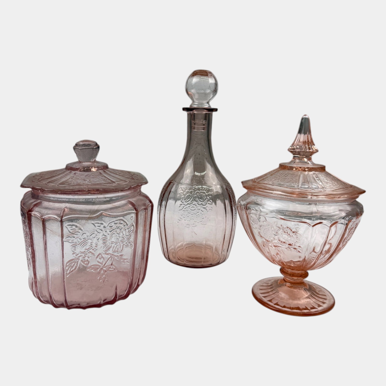 Anchor Hocking 1930s Art Deco Pink Glass "Mayfair" Biscuit Jar, Candy Dish, And Decanter Bottle (1 of 5)