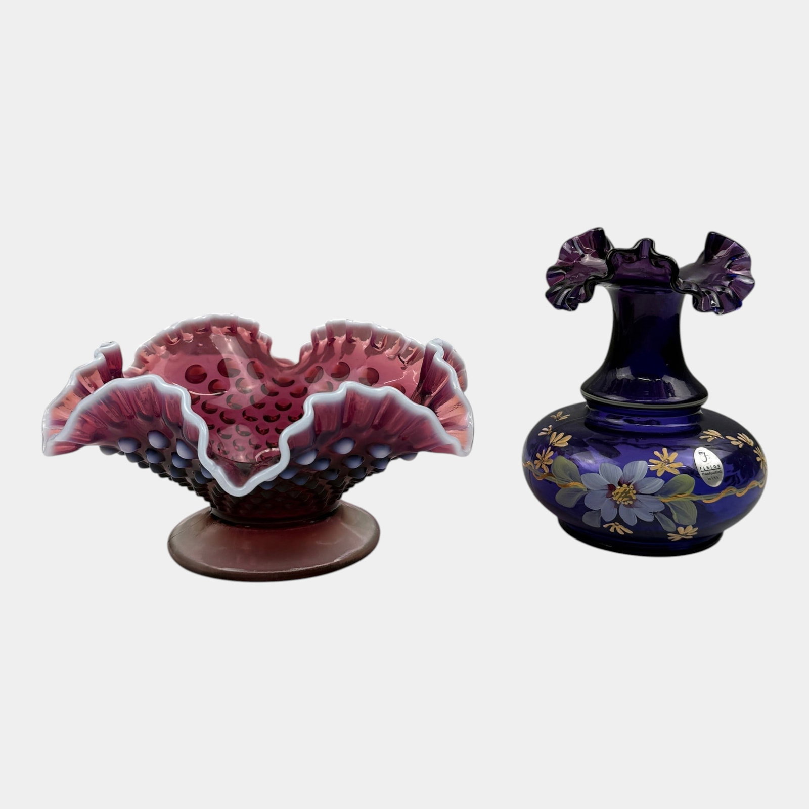 Fenton Royal Purple Hand Painted Floral Vase & Fenton Plum Opalescent Hobnail Ruffled Rim Pedestal (1 of 5)