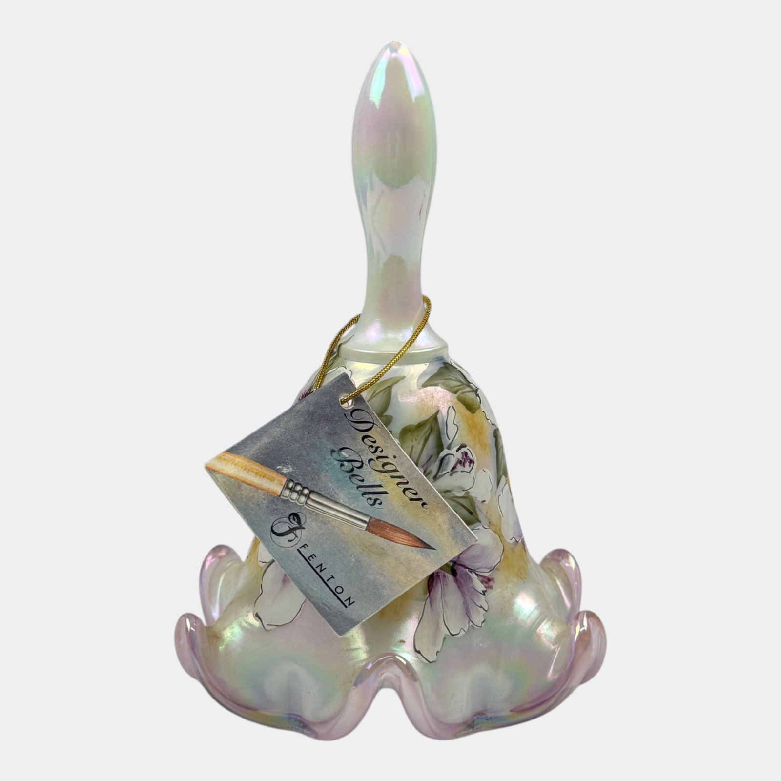 Fenton 95th Anniversary "Designer Bell" Series Pink White Iridescent Hand Painted Floral Bell: Professional, fast, and affordable in house shipping available for all items. For higher resolution images please visit bid.craftedauctions.com Fenton 95th Anniversary "Designer Bell" Series Pink Whit