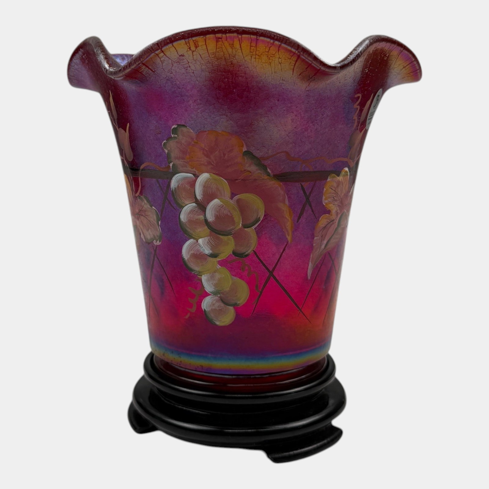Fenton 2003 "Wine Country" Pattern Ruby Amberina Hand Painted Grape & Leaf Ruffled Rim Stretch Glass: Professional, fast, and affordable in house shipping available for all items. For higher resolution images please visit bid.craftedauctions.com Fenton 2003 "Wine Country" Pattern Ruby Amberina Hand Pa
