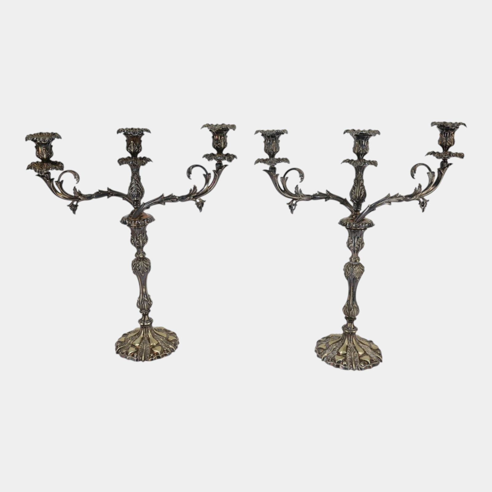 Antique Rococo Revival Silver Tone Ornate 20" Tall Three Light Candelabra Candlesticks: Professional, fast, and affordable in house shipping available for all items. For higher resolution images please visit bid.craftedauctions.com Antique Rococo Revival Silver Tone Ornate 20" Tall Three