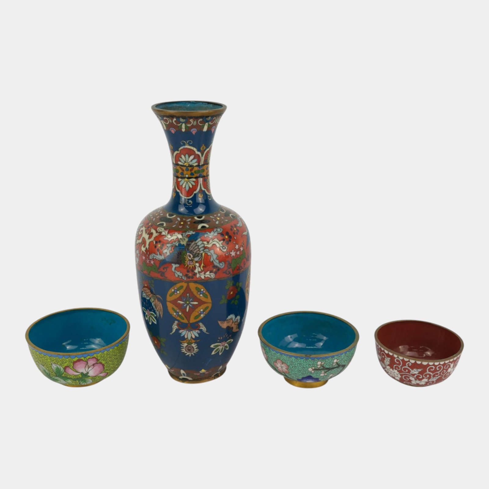 Chinese Cloisonne Enamel Floral Bird Vase & Multicolor Decorative Bowls: Professional, fast, and affordable in house shipping available for all items. For higher resolution images please visit bid.craftedauctions.com Chinese Cloisonne Enamel Floral Bird Vase & Multicolor D