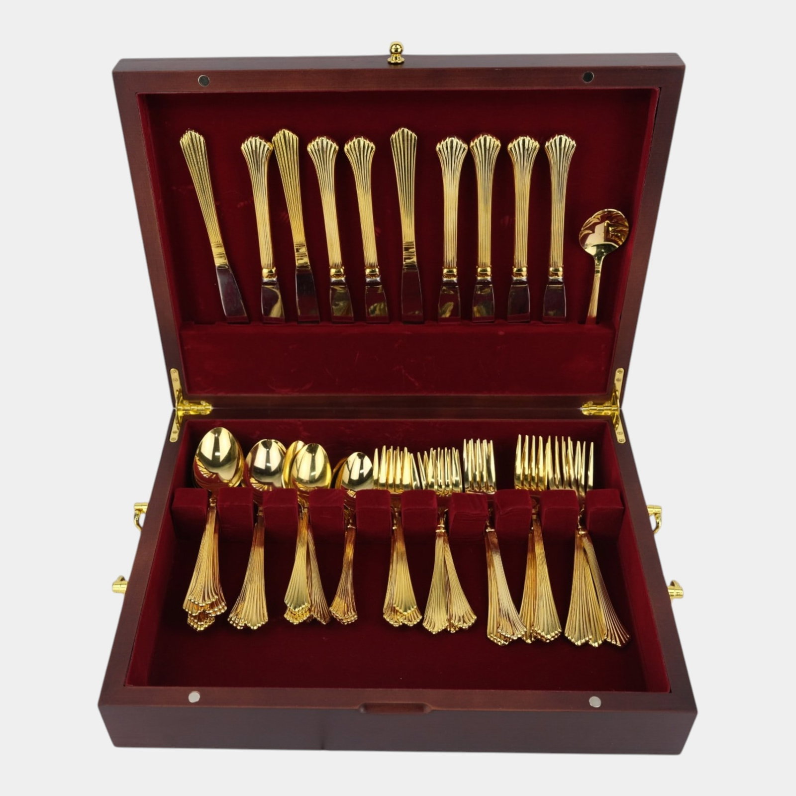 Royal Gallery Japan Allegro Gold Electroplate Stainless Steel Korea Silverware Set With Case: Professional, fast, and affordable in house shipping available for all items. For higher resolution images please visit bid.craftedauctions.com Royal Gallery Japan Allegro Gold Electroplate Stainless 