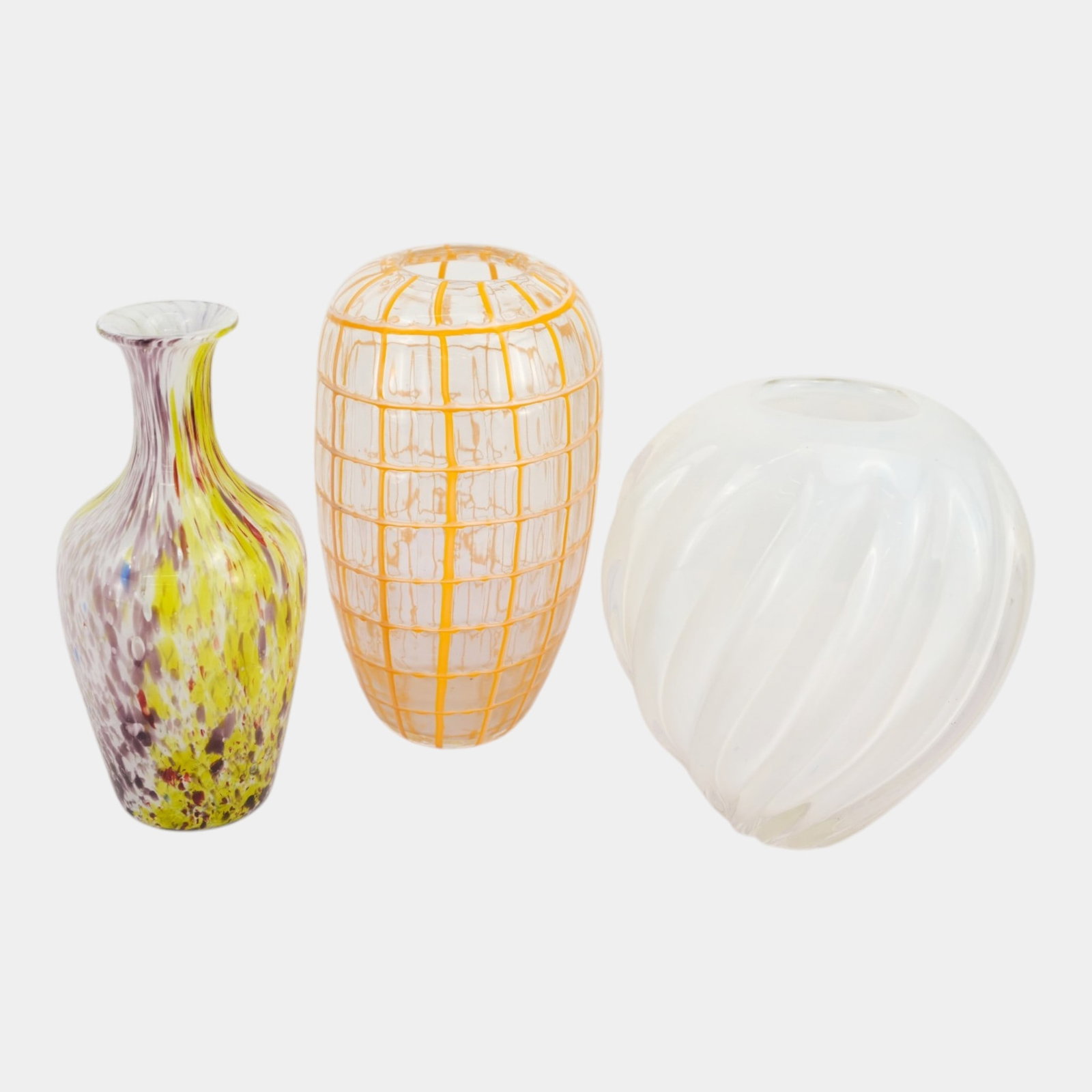 Contemporary Art Glass Multicolor Spatter Orange Grid White Swirl Decorative Vases: Professional, fast, and affordable in house shipping available for all items. For higher resolution images please visit bid.craftedauctions.com Contemporary Art Glass Multicolor Spatter Orange Grid Wh