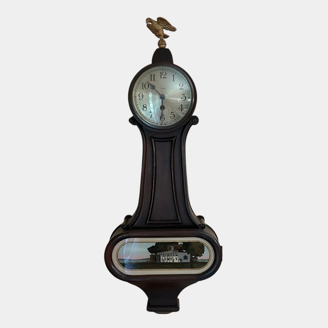 New Haven Clock Co 1940s Dark Wooden Case Miniature 8 Day Banjo Wall Clock (1 of 4)