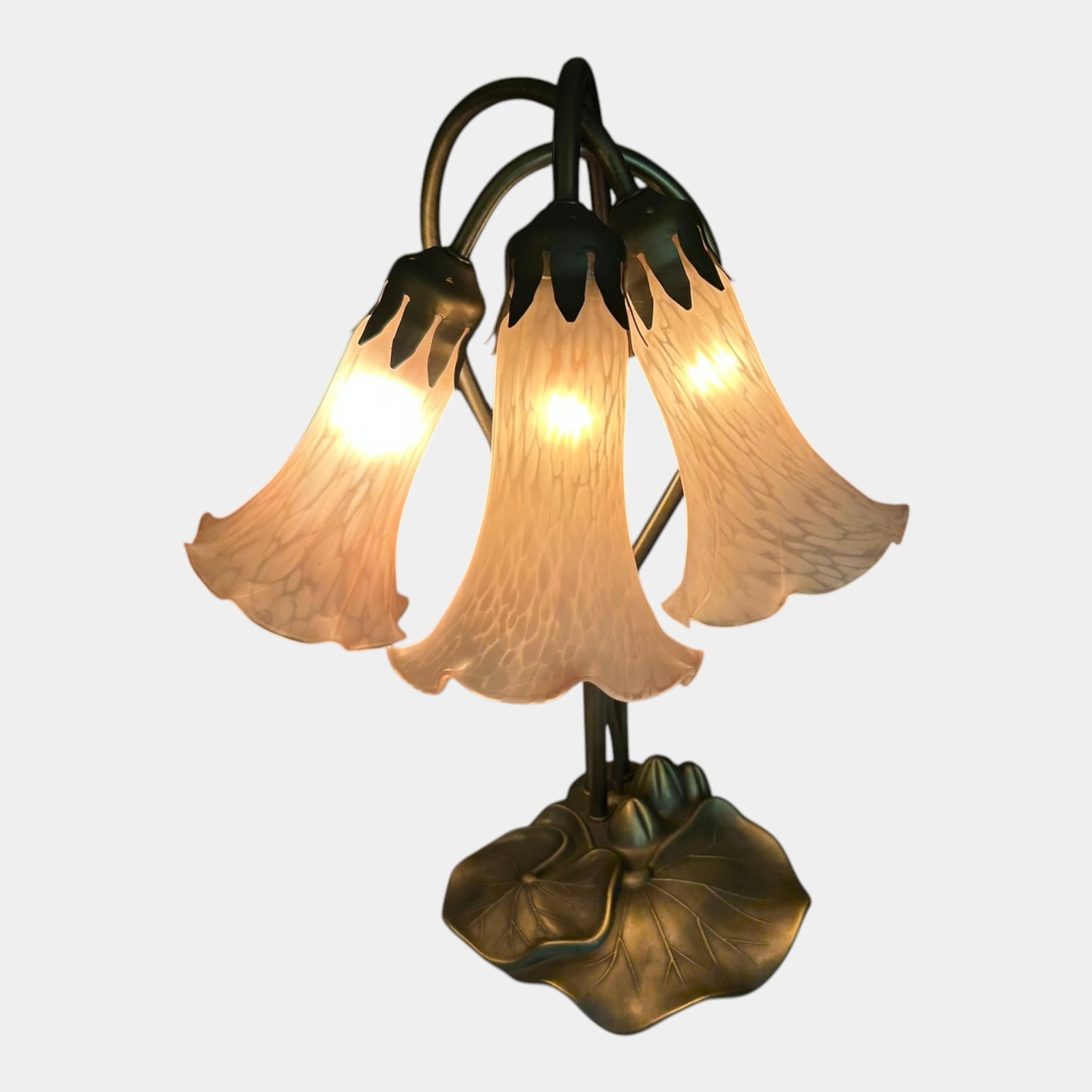 Contemporary Art Nouveau Bronze Tone Three Light Trumpet Flower Art Glass Shade Table Lamp: Professional, fast, and affordable in house shipping available for all items. For higher resolution images please visit bid.craftedauctions.com Contemporary Art Nouveau Bronze Tone Three Light Trumpet