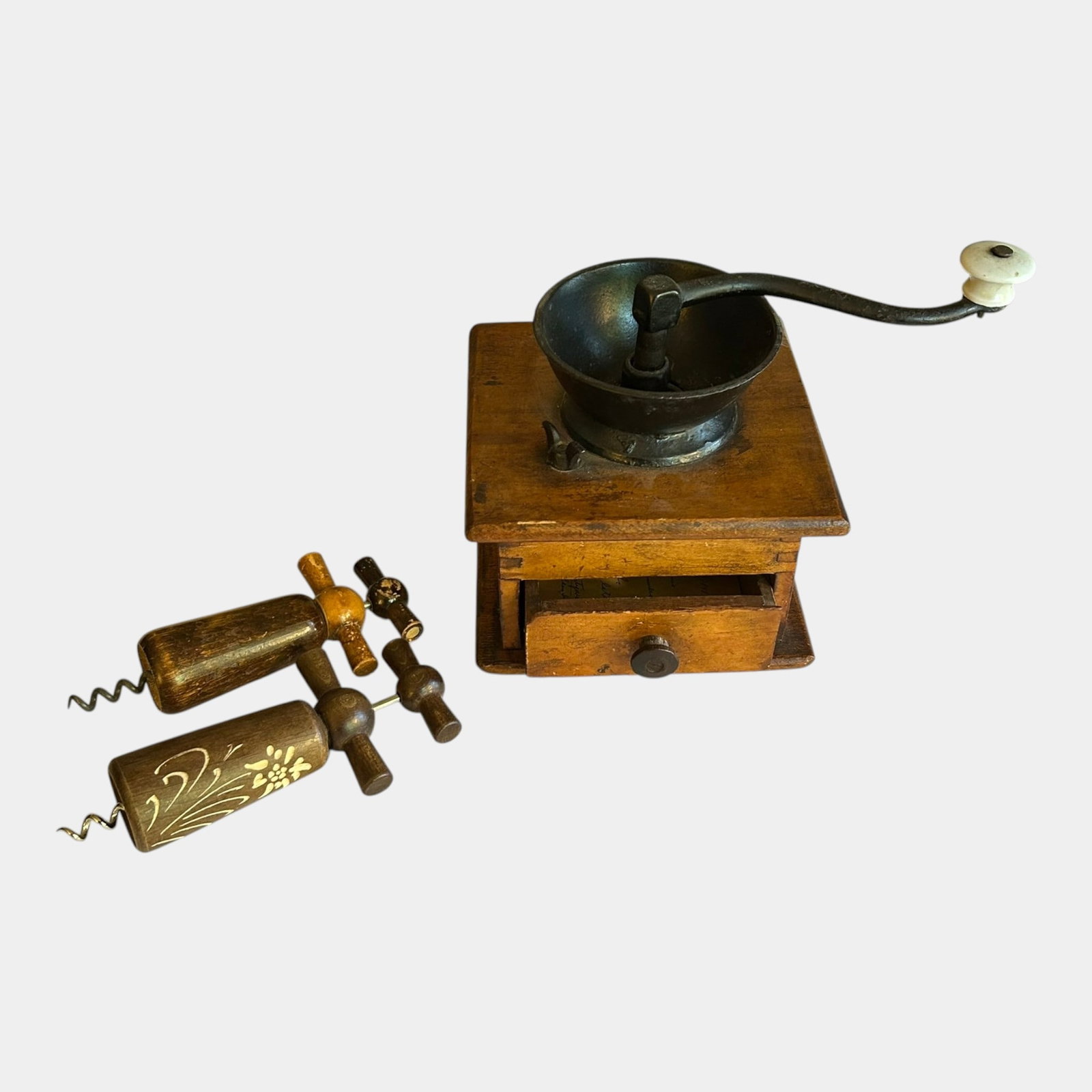 Antique Primitive Wood Cast Iron Hand Crank Coffee Grinder Mill & Corkscrews (1 of 2)