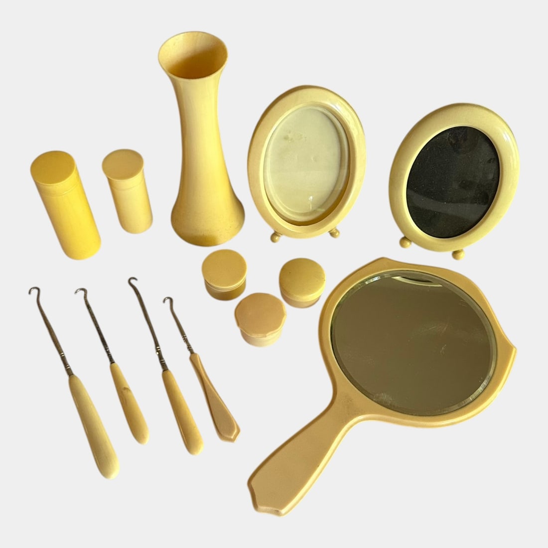 DuBarry Pyralin Ivory Celluloid Vanity Dresser Set Mirrors Manicure Tools & Jars: Professional, fast, and affordable in house shipping available for all items. For higher resolution images please visit bid.craftedauctions.com DuBarry Pyralin Ivory Celluloid Vanity Dresser Set Mirro
